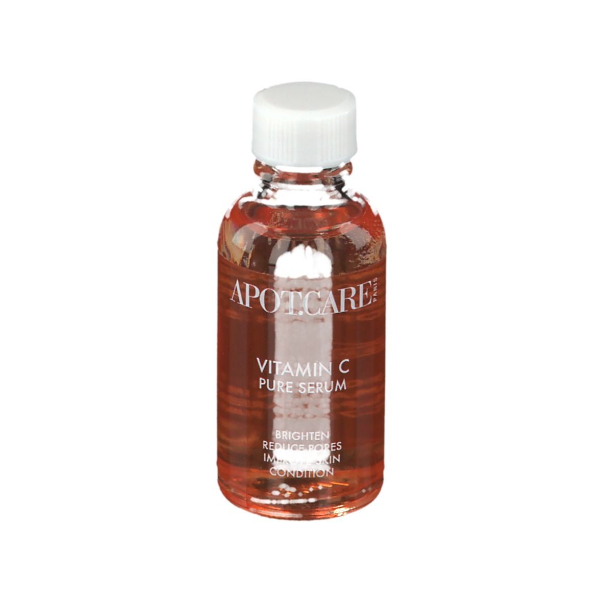 Heldere vloeistof in een glazen fles met witte dop. Opschrift: APOT.CARE Vitamin C Pure Serum.