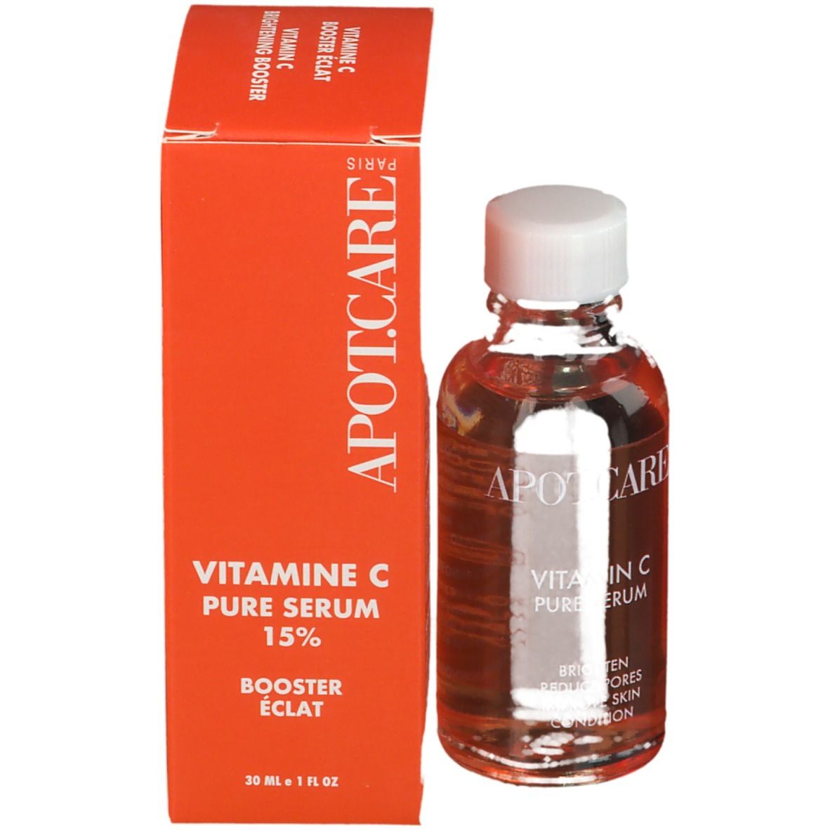 Glazen flesje met serum en verpakking. Opschrift: APOT.CARE, Vitamin C Pure Serum 15%, Booster Eclat.