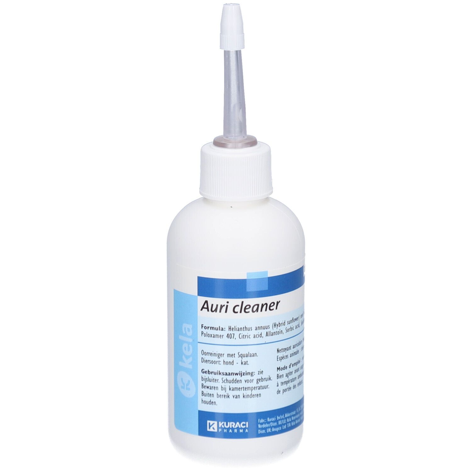 Witte fles met applicator. Blauwe etiketten met tekst. Kela Auri Cleaner.