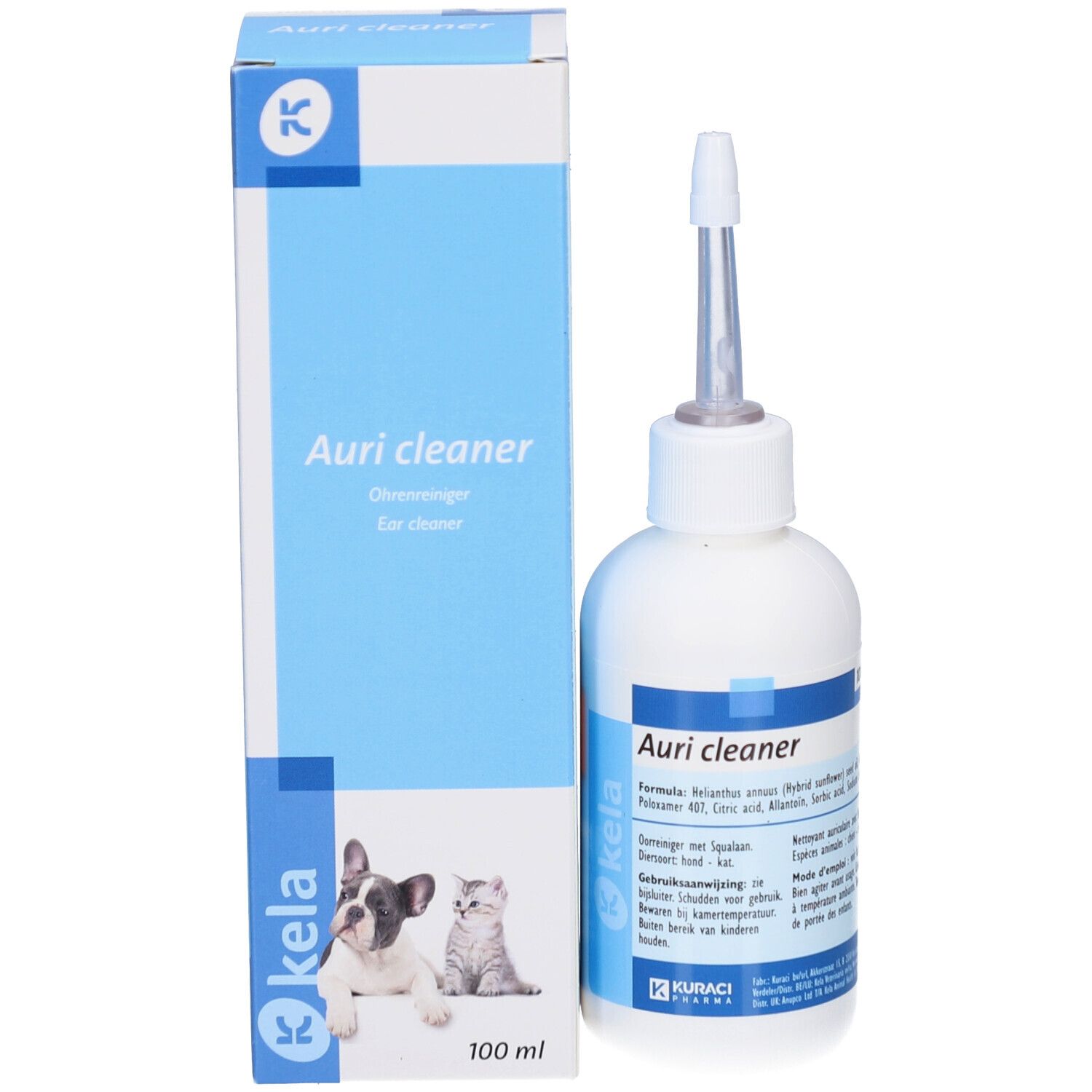 Doos met fles. Blauwe verpakking met tekst en logo. Kela Auri Cleaner, 100 ml.