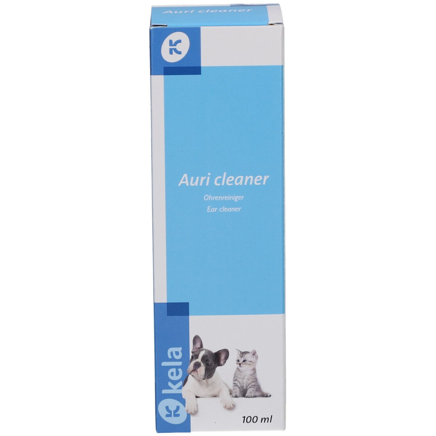 Blauwe verpakking met tekst en logo. Kela Auri Cleaner, 100 ml. Afbeelding van hond en kat.