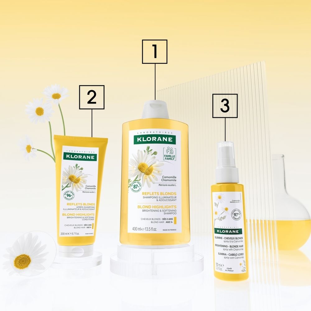 KLORANE Shampoo met BIO-kamille, 400ml fles. Etiket met kamillebloemen en tekst in het Frans.