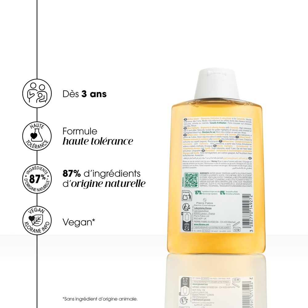 KLORANE Shampoo à la Camomille BIO, flacon 200ml avec motif de fleurs de camomille.