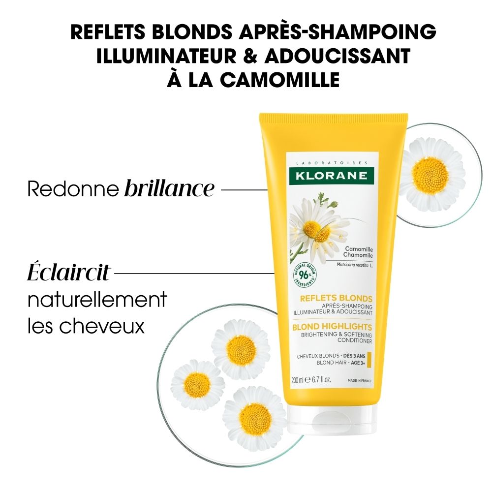 Soin après-shampoing KLORANE Camomille BIO: Tube avec fleurs de camomille et indications d'éclaircissement.