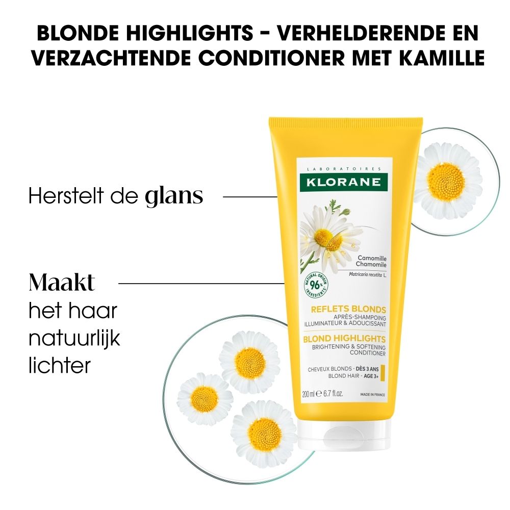 KLORANE Kamille BIO Haarspoeling: Tube met kamillebloesems en aanwijzingen voor verheldering.