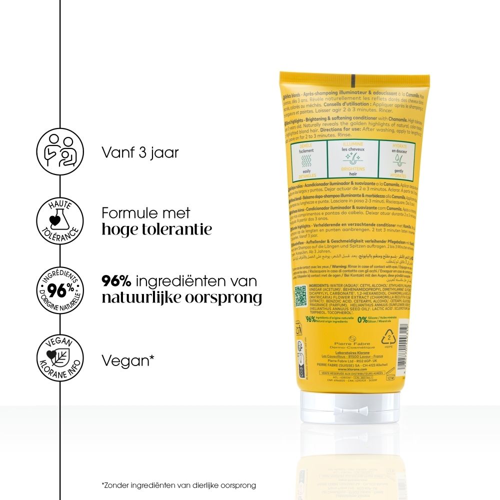 KLORANE Kamille BIO Haarspoeling: Tube met keurmerken voor hoge tolerantie en vegan formule.