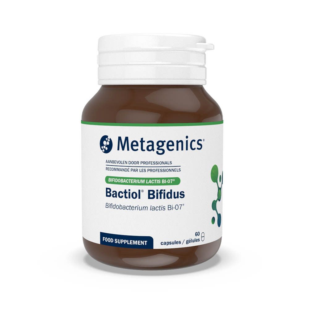 Bruine fles met witte dop. Opschrift: Metagenics Bactiol Bifidus. Bevat capsules.