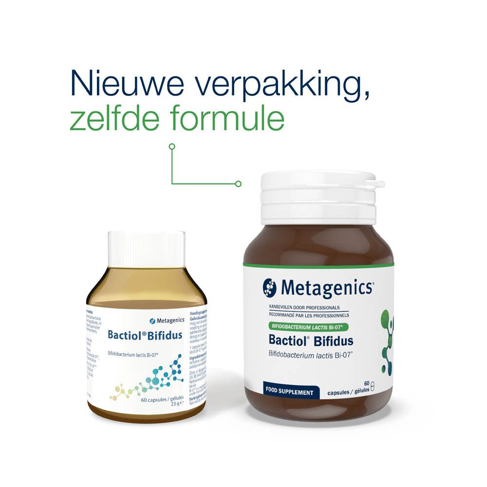 Bruine fles met witte dop. Opschrift: Metagenics Bactiol Bifidus. Bevat capsules.
