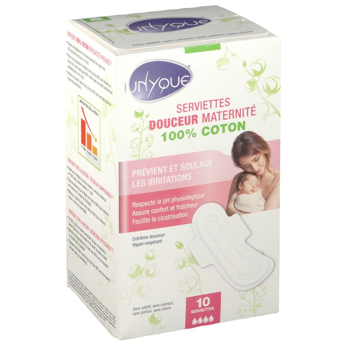 Verpakking van Unyque Serviettes Douceur Maternité, 100% katoen. Afbeelding van moeder en baby, en maandverband. Bevat 10 stuks.