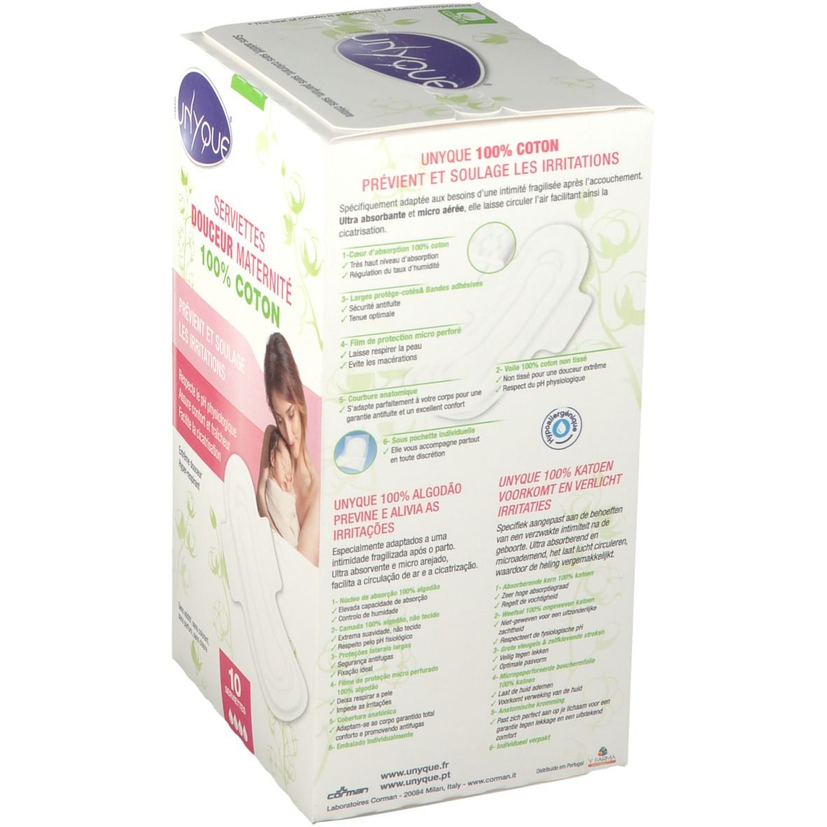 Verpakking van Unyque Serviettes Douceur Maternité, 100% katoen. Tekst in Frans, Nederlands en Portugees. Afbeelding van moeder en baby.