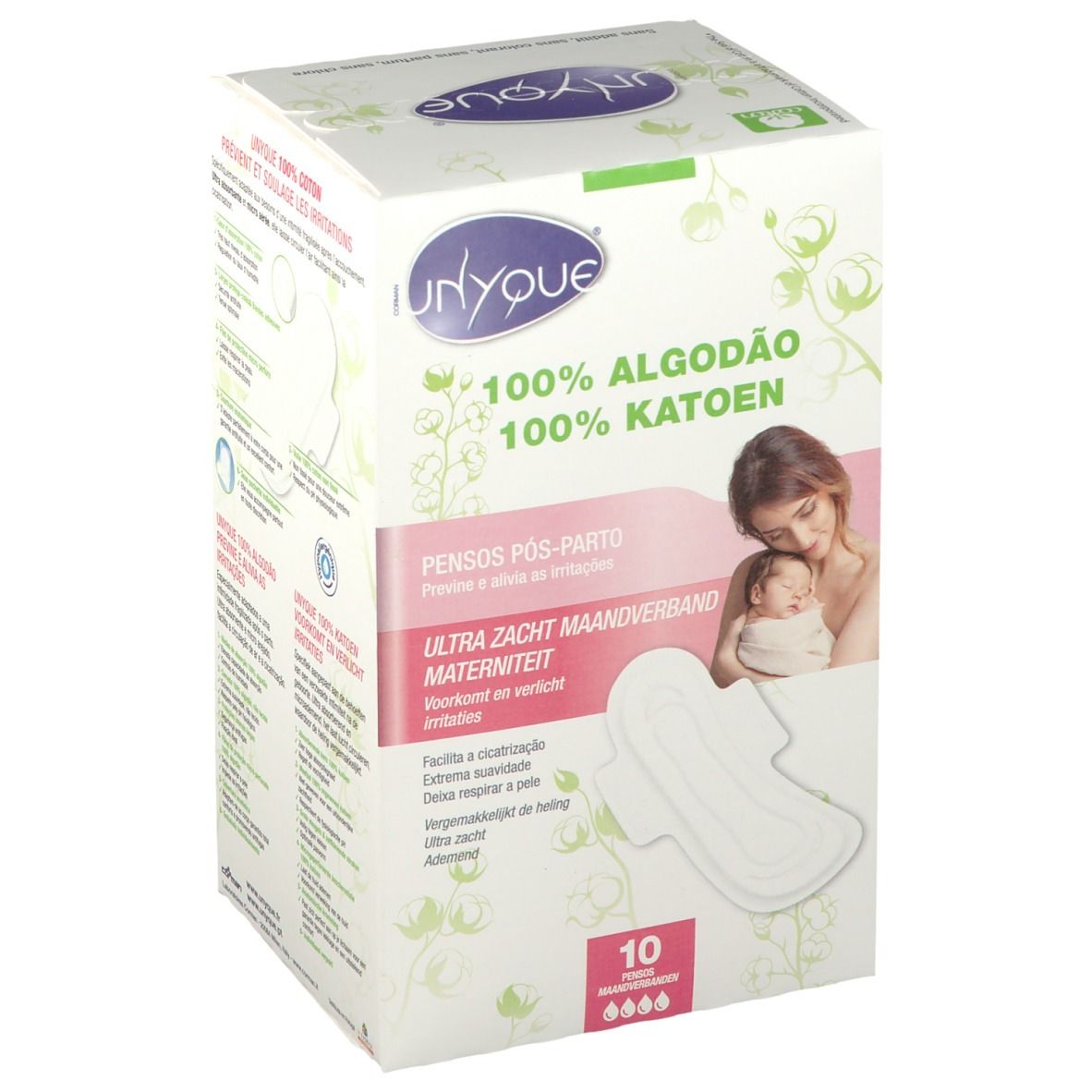 Verpakking van Unyque Serviettes Douceur Maternité, 100% Algodão/Katoen. Afbeelding van moeder en baby, en maandverband. 10 stuks.