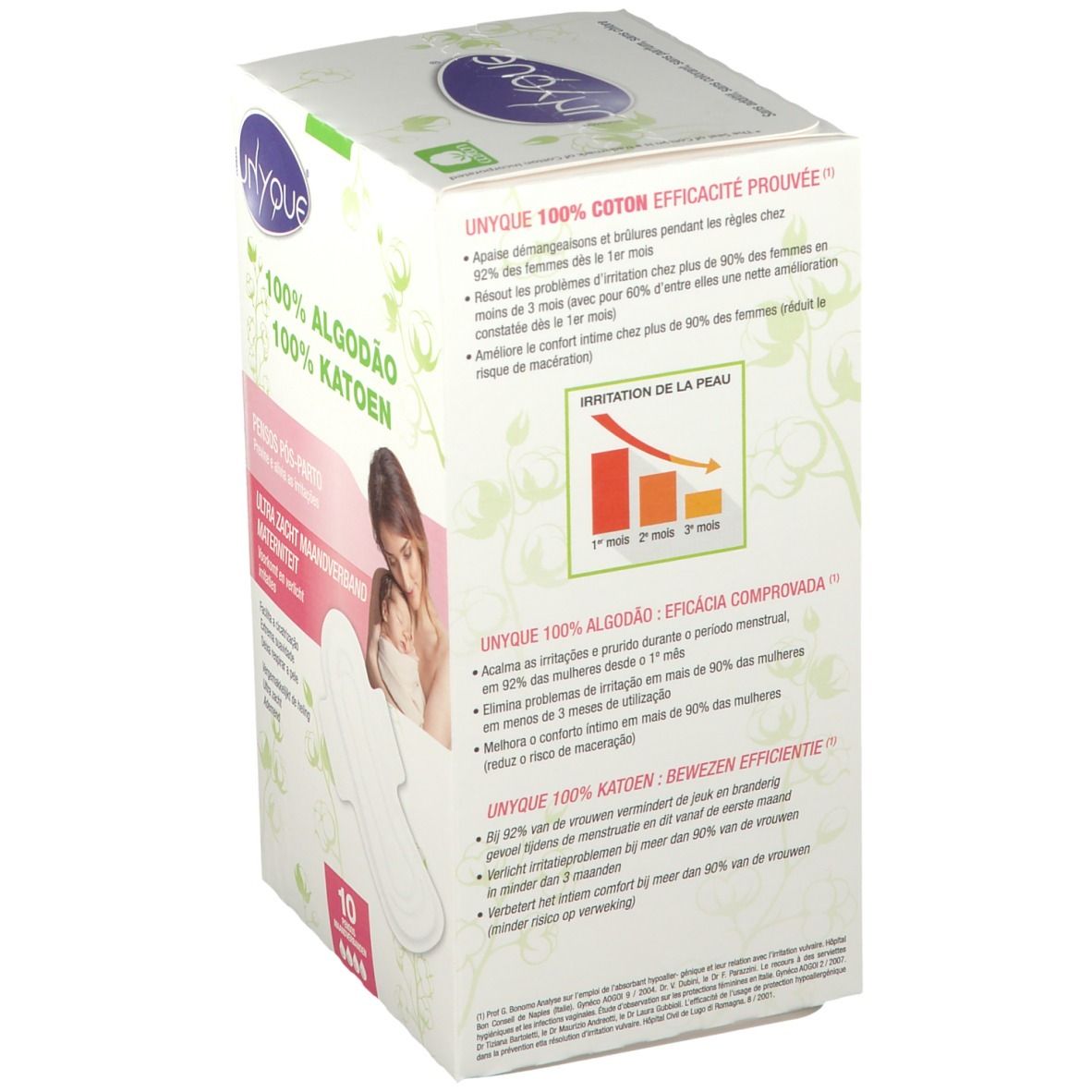 Verpakking van Unyque Serviettes Douceur Maternité, 100% Algodão/Katoen. Tekst in Frans, Portugees en Nederlands. Afbeelding van moeder en baby.