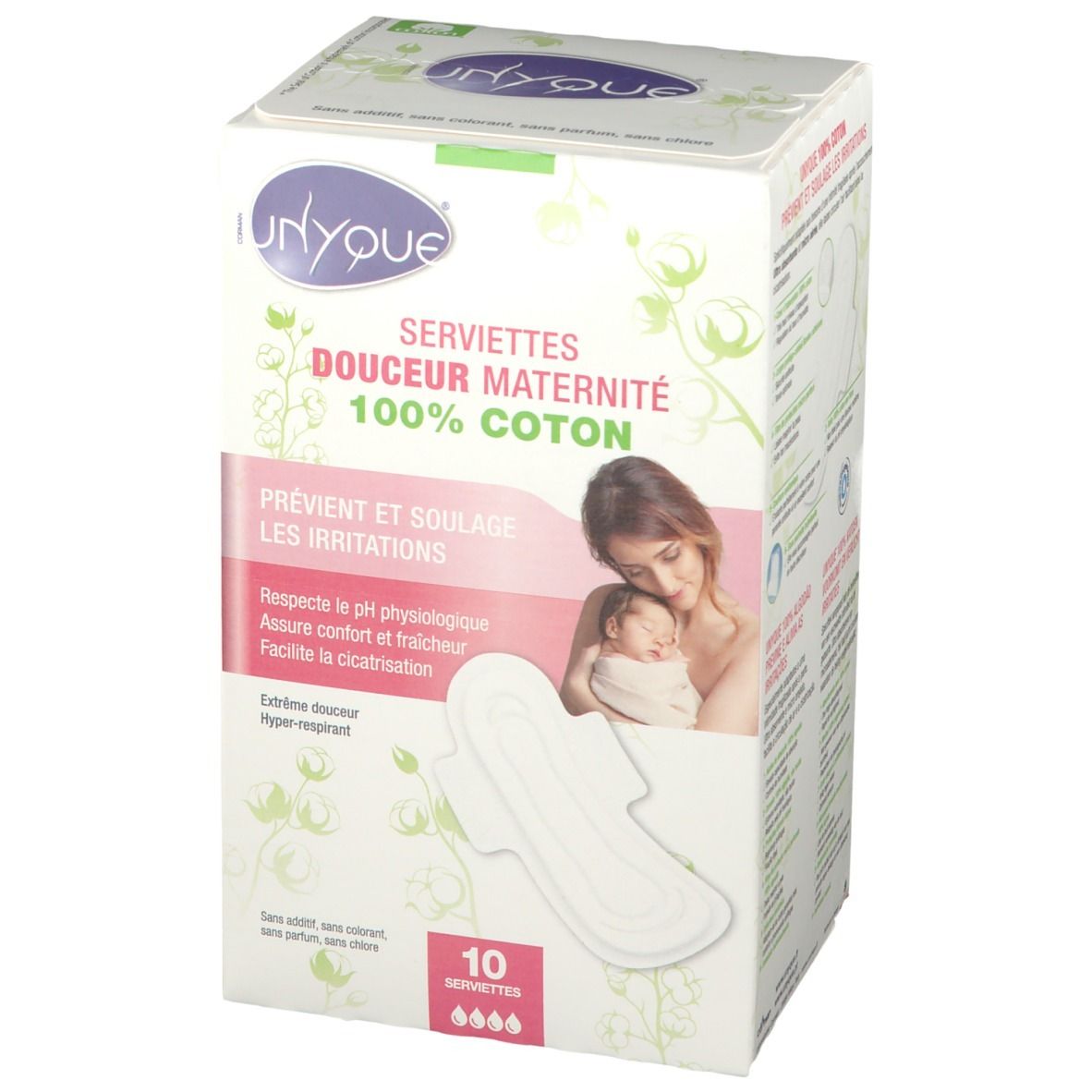 Verpakking van Unyque Serviettes Douceur Maternité, 100% katoen. Afbeelding van moeder en baby, en maandverband. Bevat 10 stuks.