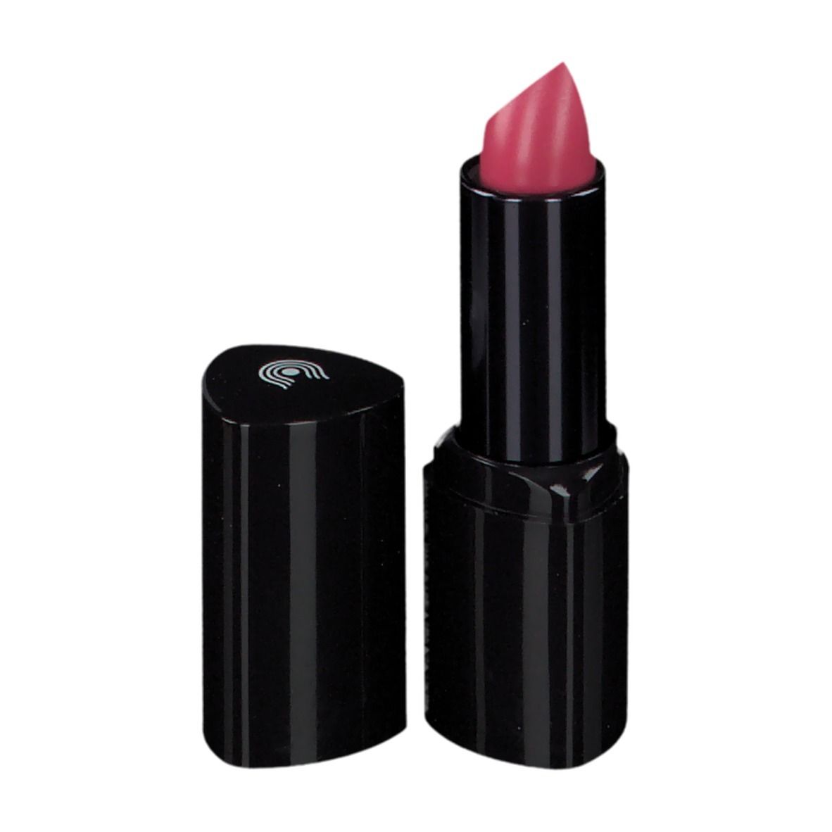 Roze lippenstift in zwarte huls, dop ernaast.