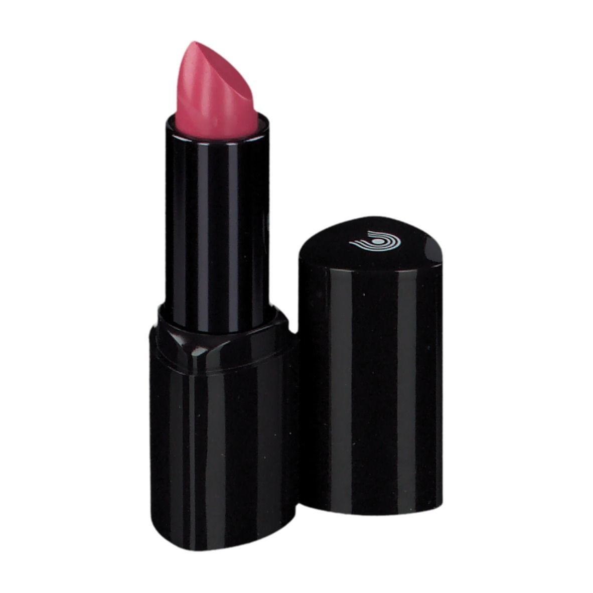Roze lippenstift in zwarte huls, dop ernaast.