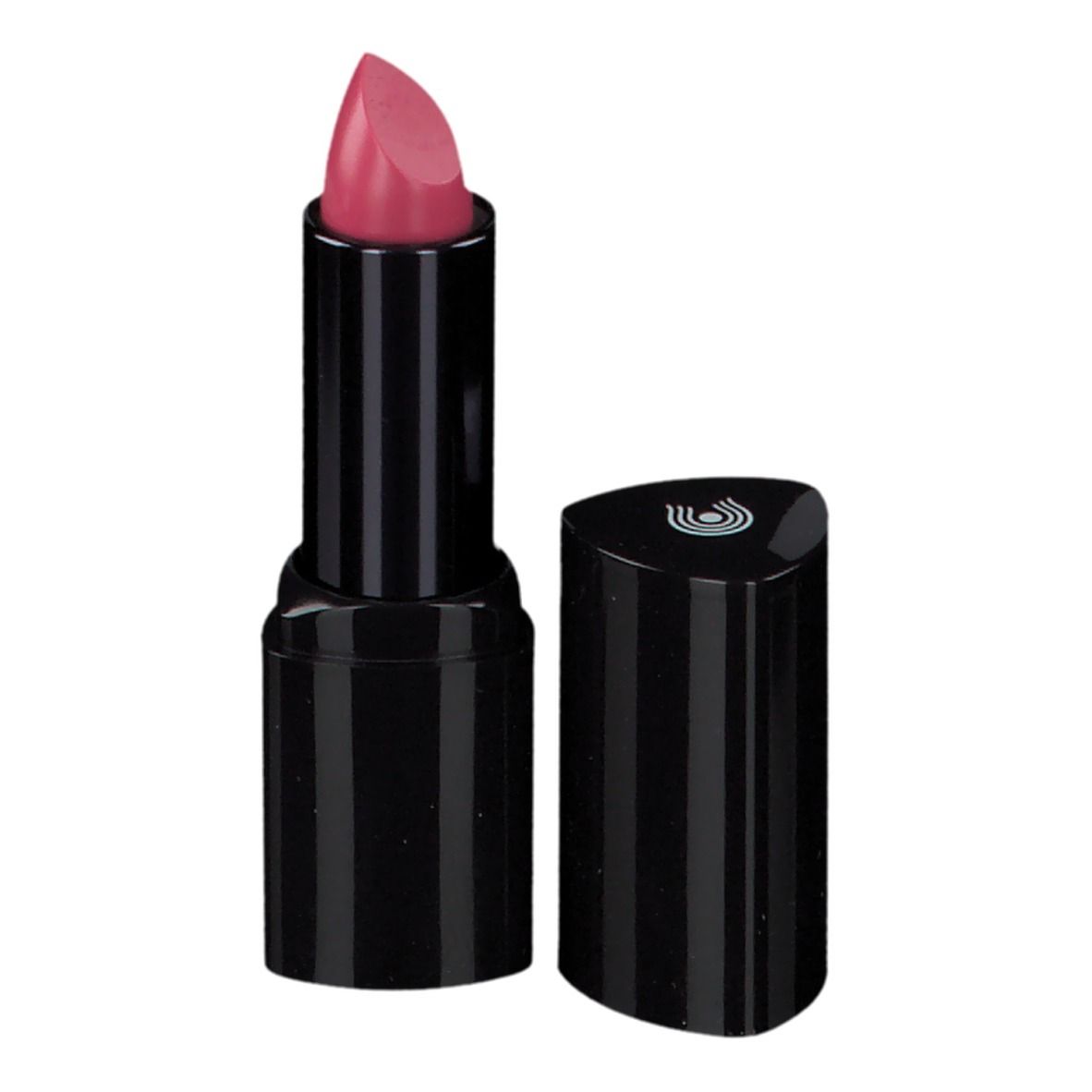 Roze lippenstift in zwarte huls, dop ernaast.