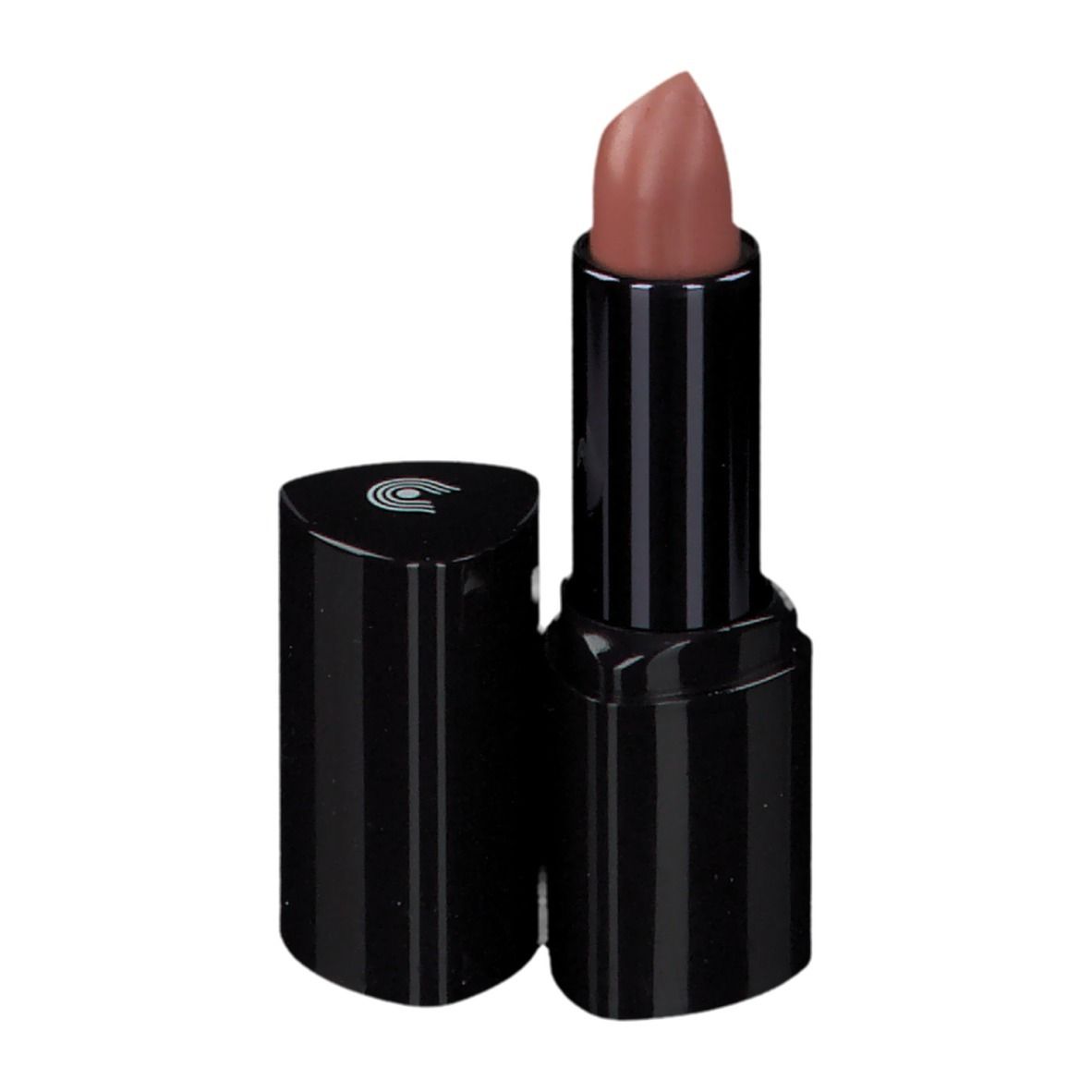 Lichtbruine lipstick in een open zwarte huls. De zwarte dop toont een logo.