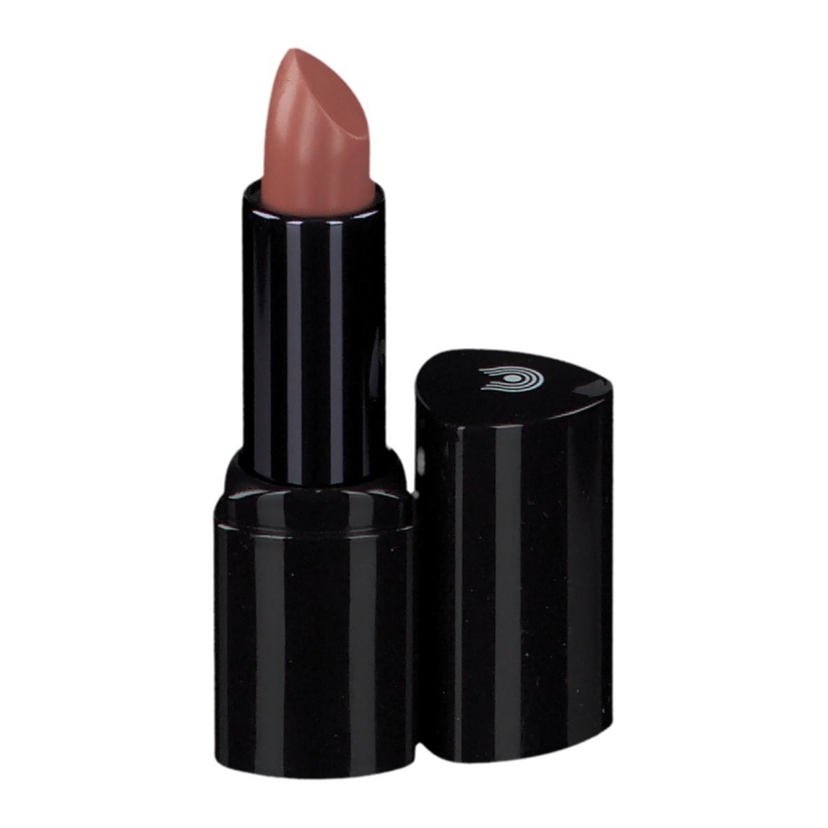 Lichtbruine lipstick in een open zwarte huls. De zwarte dop toont een logo.
