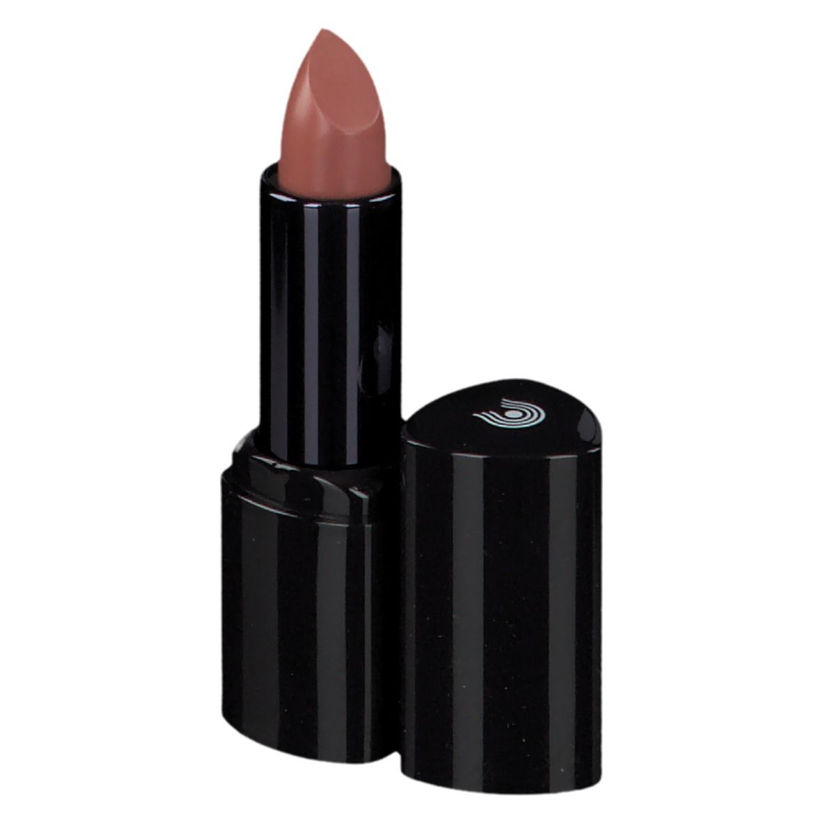 Lichtbruine lipstick in een open zwarte huls. De zwarte dop toont een logo.