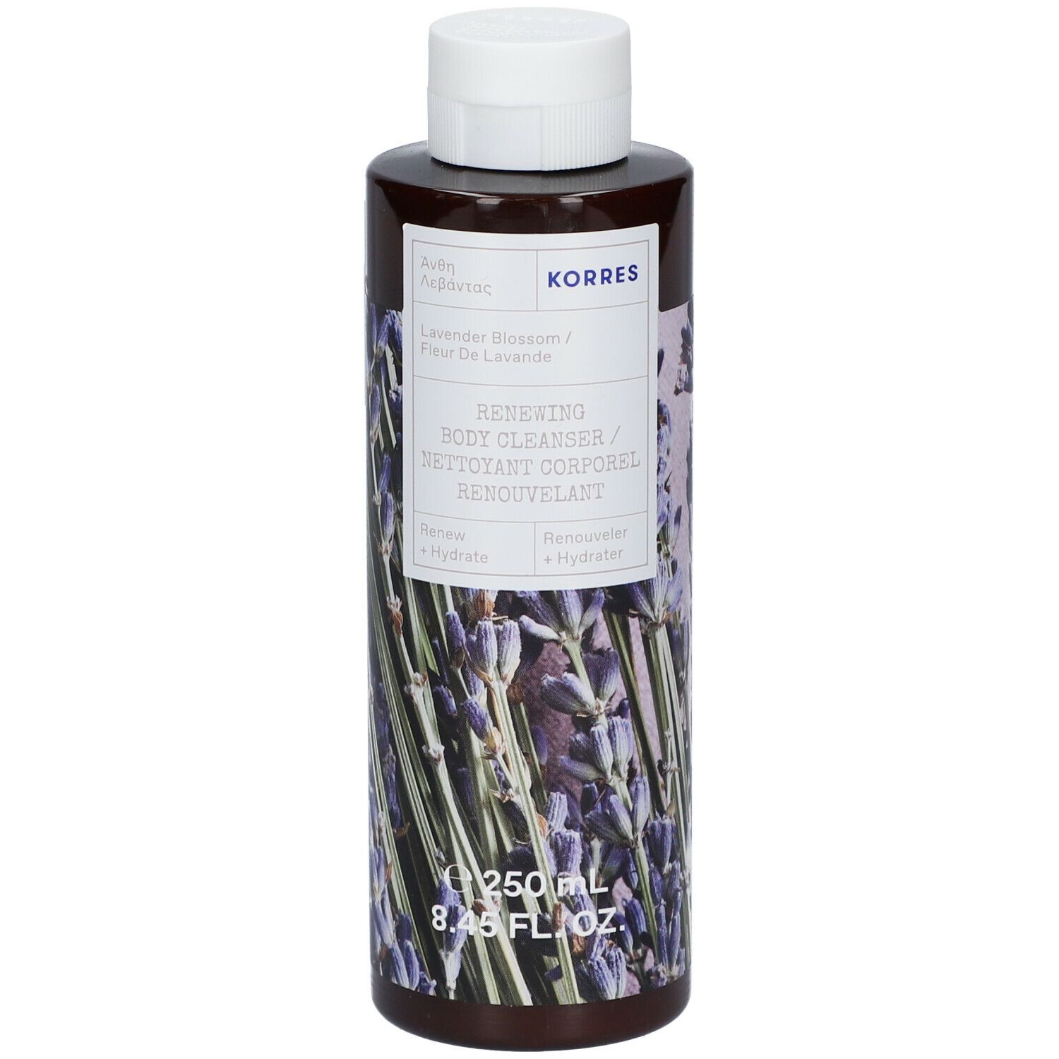 Bruine fles met witte dop. Etiket met productnaam en lavendelillustratie. Merk KORRES.