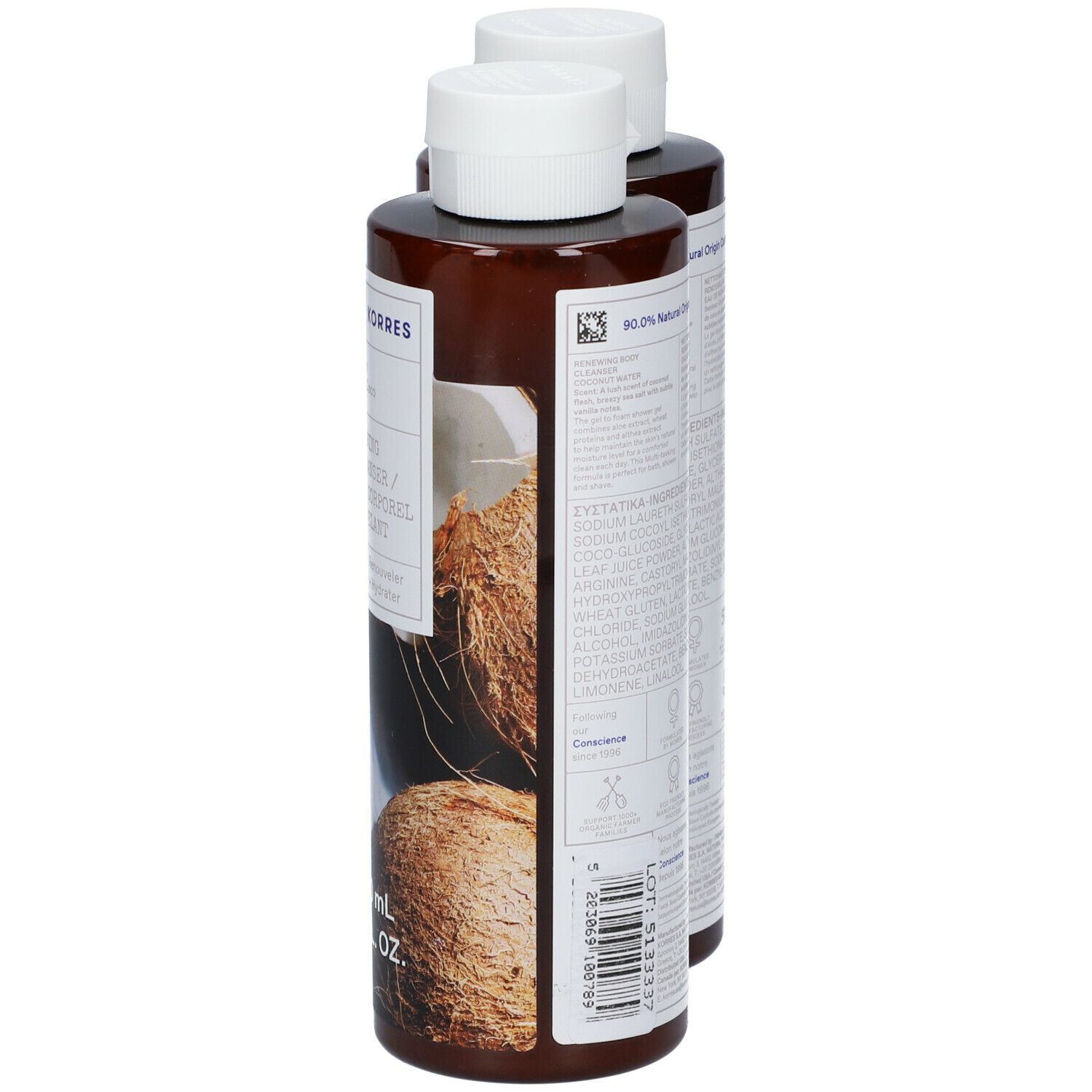 Twee flessen KORRES Renewing Body Cleanser. Achteraanzicht met tekst over ingrediënten en certificeringen.