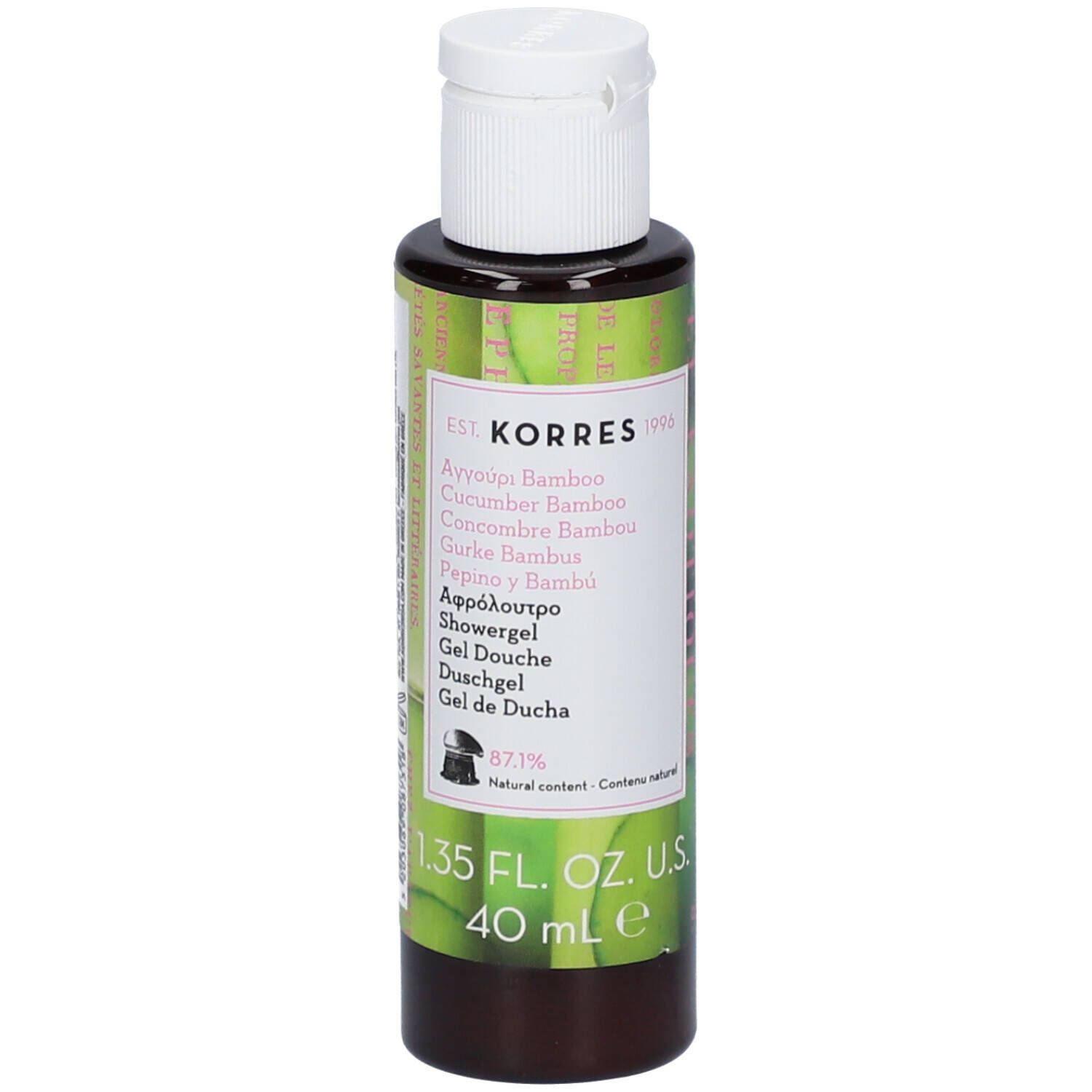 KORRES douchegel. Fles met witte dop. Etiket met productnaam en ingrediënten. 40 ml.