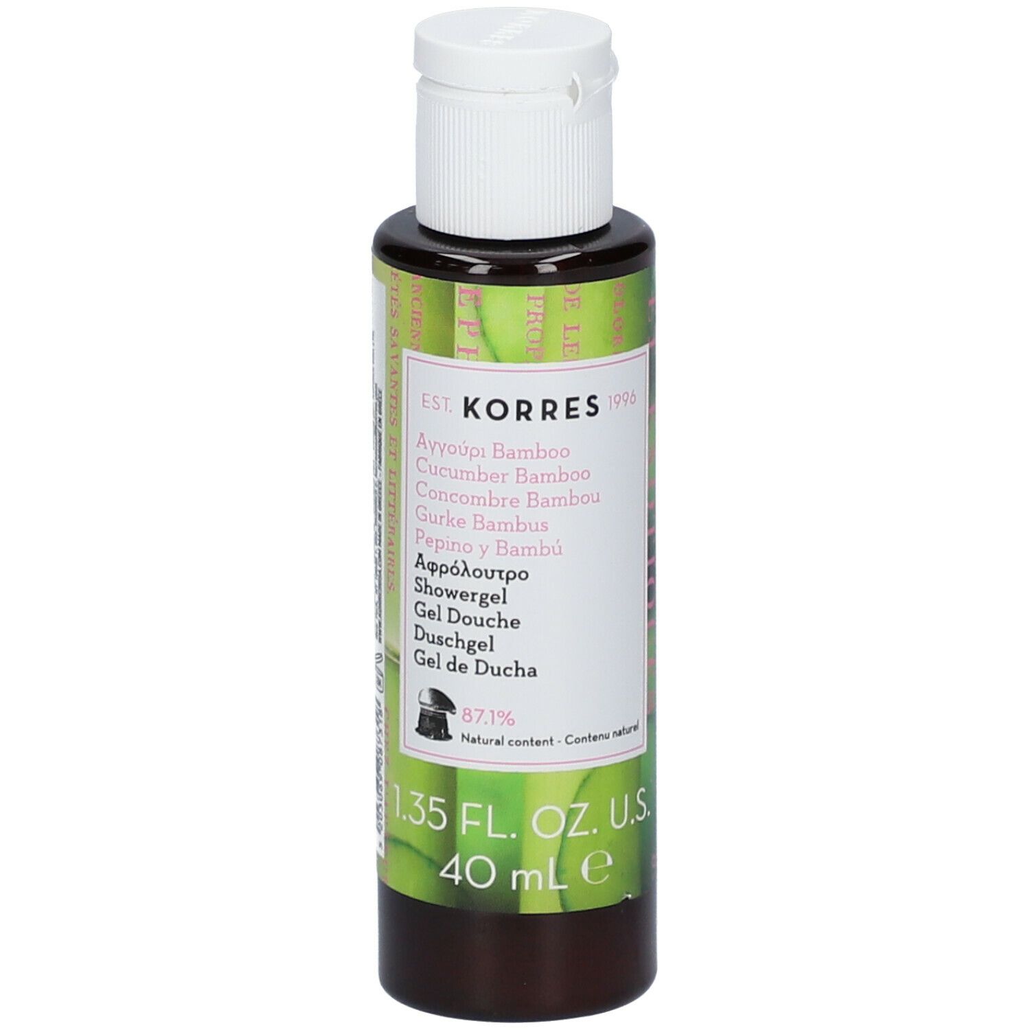 KORRES douchegel. Achterkant van de fles. Etiket met ingrediënten, barcode en fabrikantinfo. 40 ml.