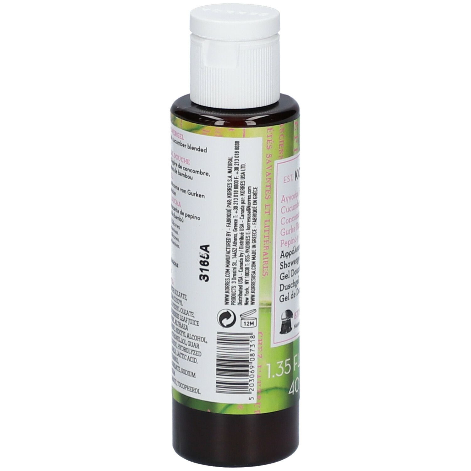 KORRES douchegel. Fles met witte dop. Etiket met productnaam en ingrediënten. 40 ml.