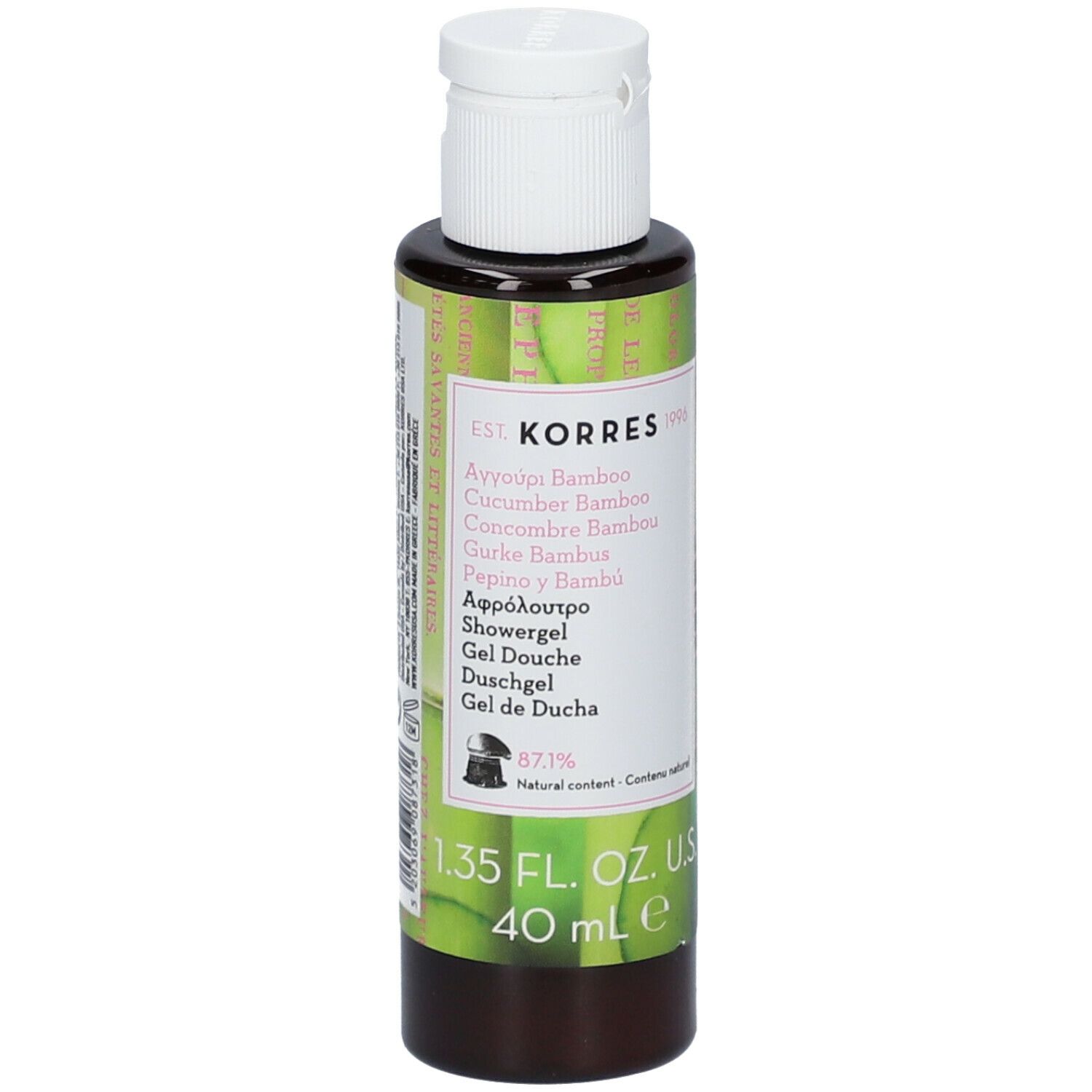 KORRES douchegel. Fles met witte dop. Etiket met productnaam en ingrediënten. 40 ml.