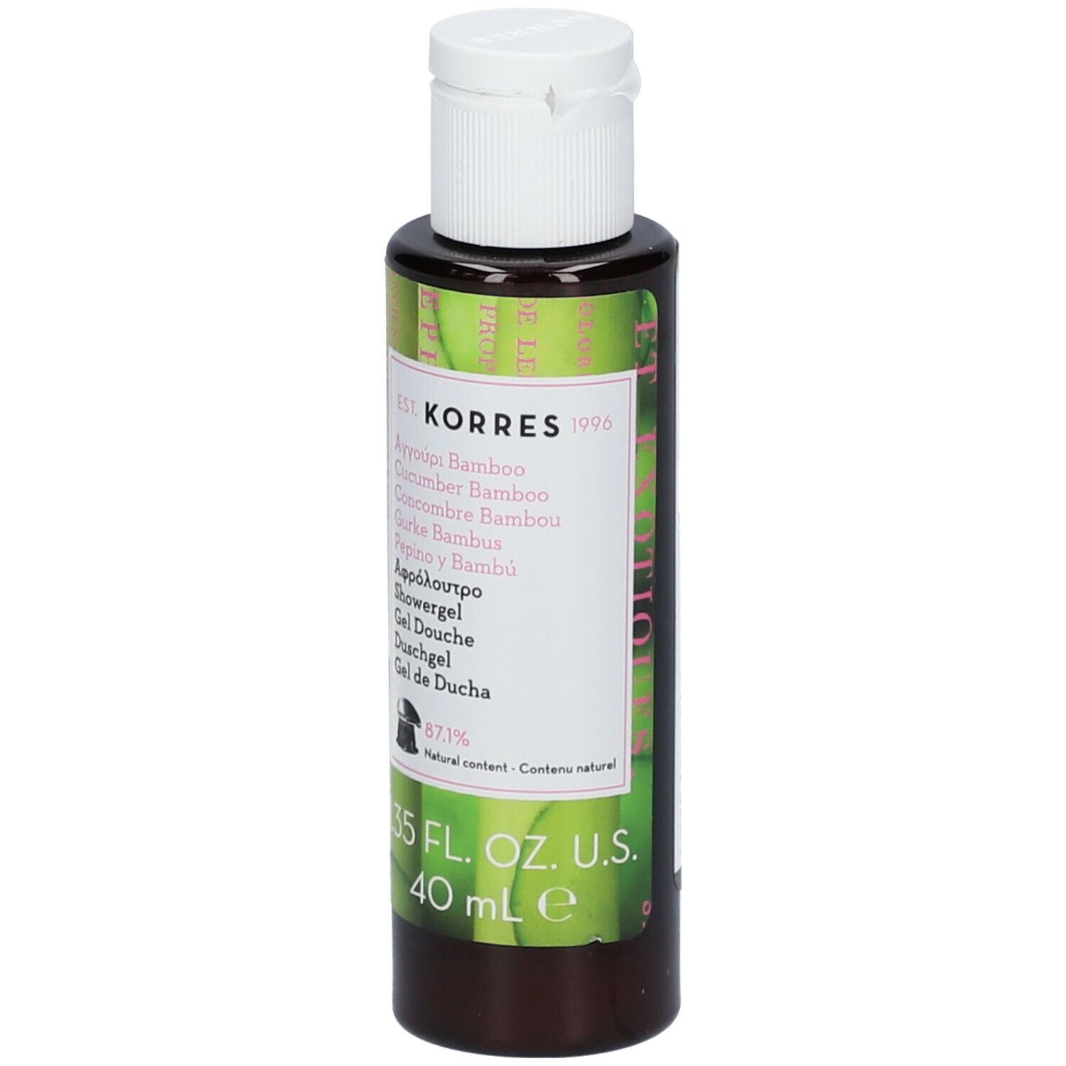 KORRES douchegel. Fles met witte dop. Etiket met productnaam en ingrediënten. 40 ml.