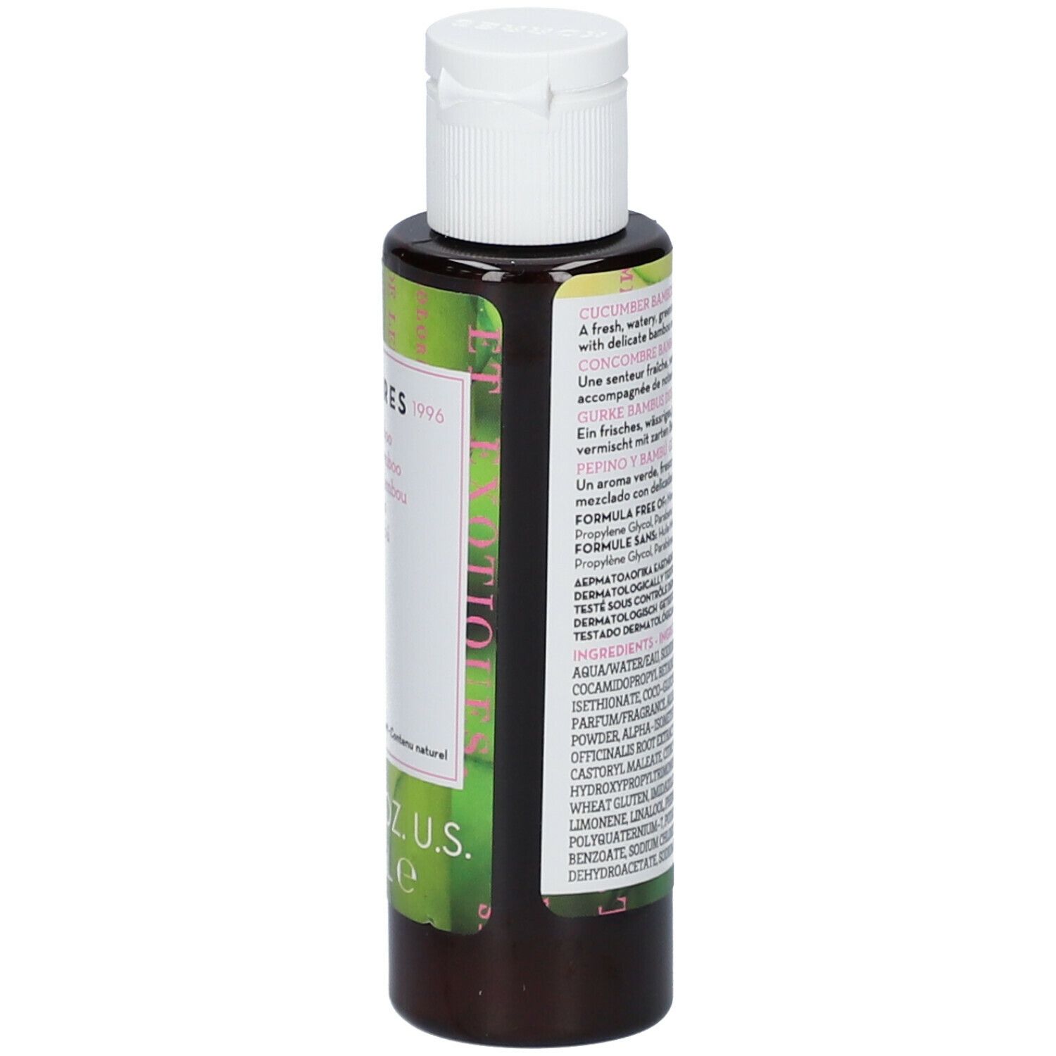 KORRES douchegel. Achterkant van de fles. Etiket met ingrediënten en tekst. 40 ml.