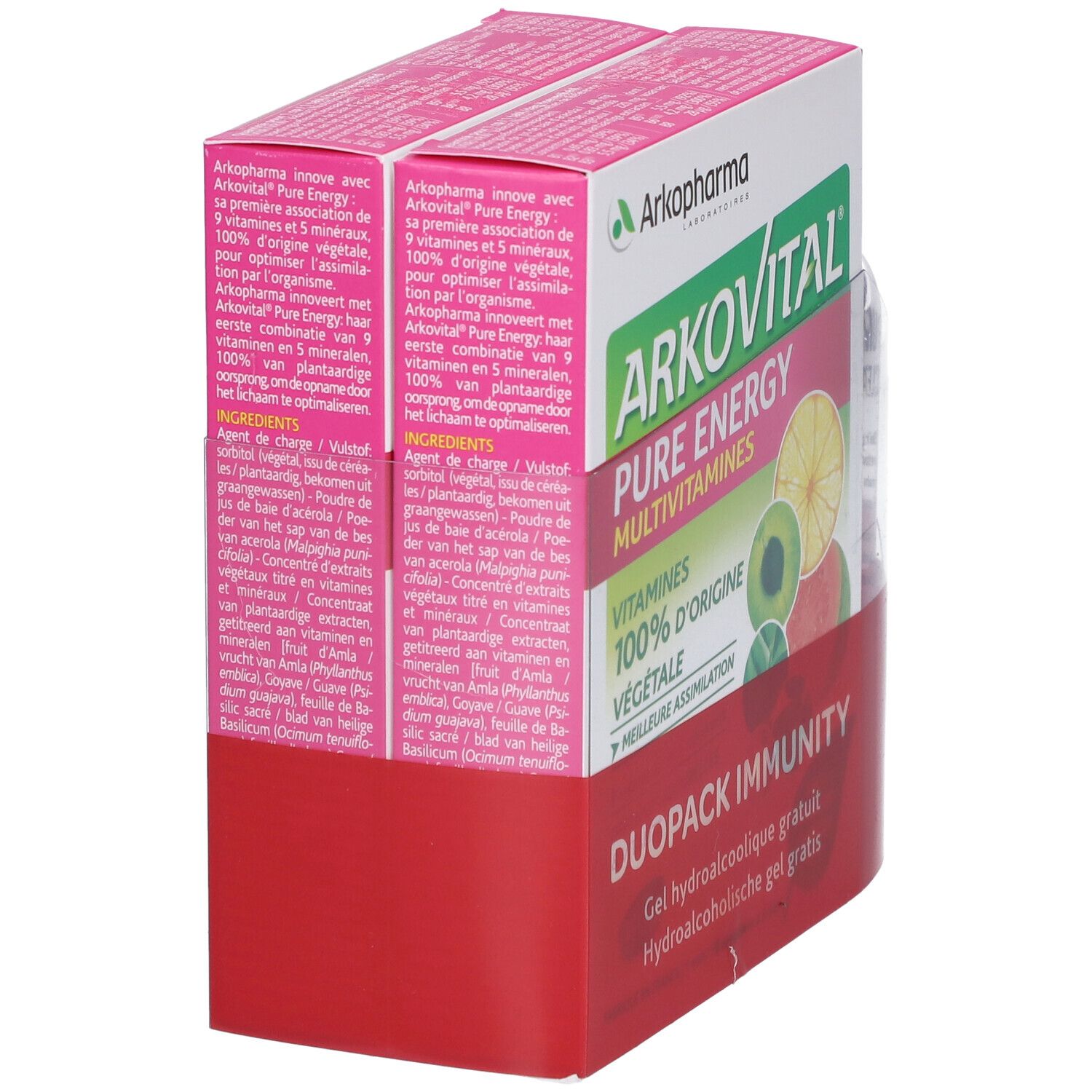 Twee verpakkingen Arkopharma Arkovital Pure Energy Multivitamine. Opschriften: Pure Energy, Multivitamine, Duopack Immunity. Franse tekst.