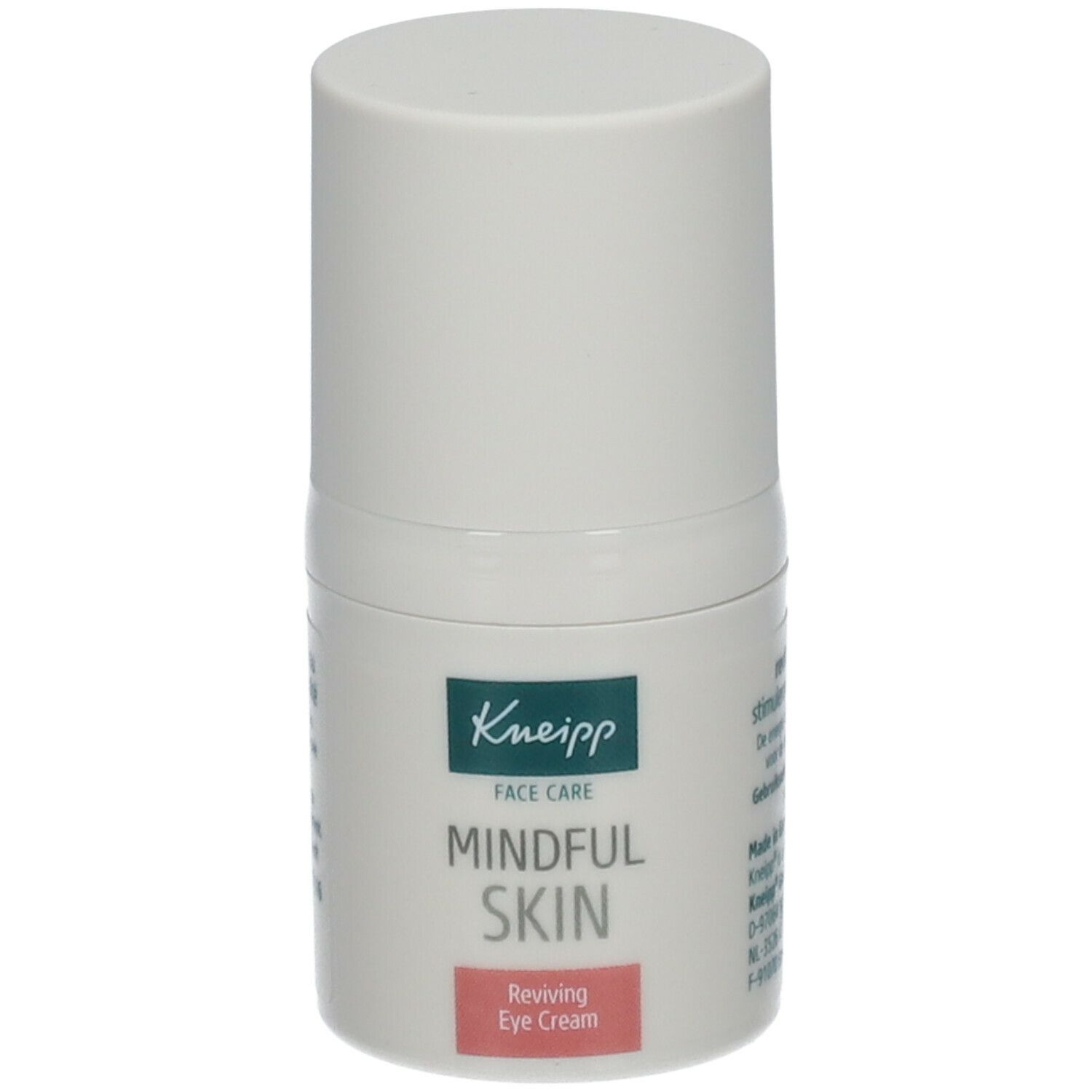 Witte tube Kneipp Mindful Skin. Opschrift: Mindful Skin, Reviving Eye Cream. Groen Kneipp logo. Witte dop.