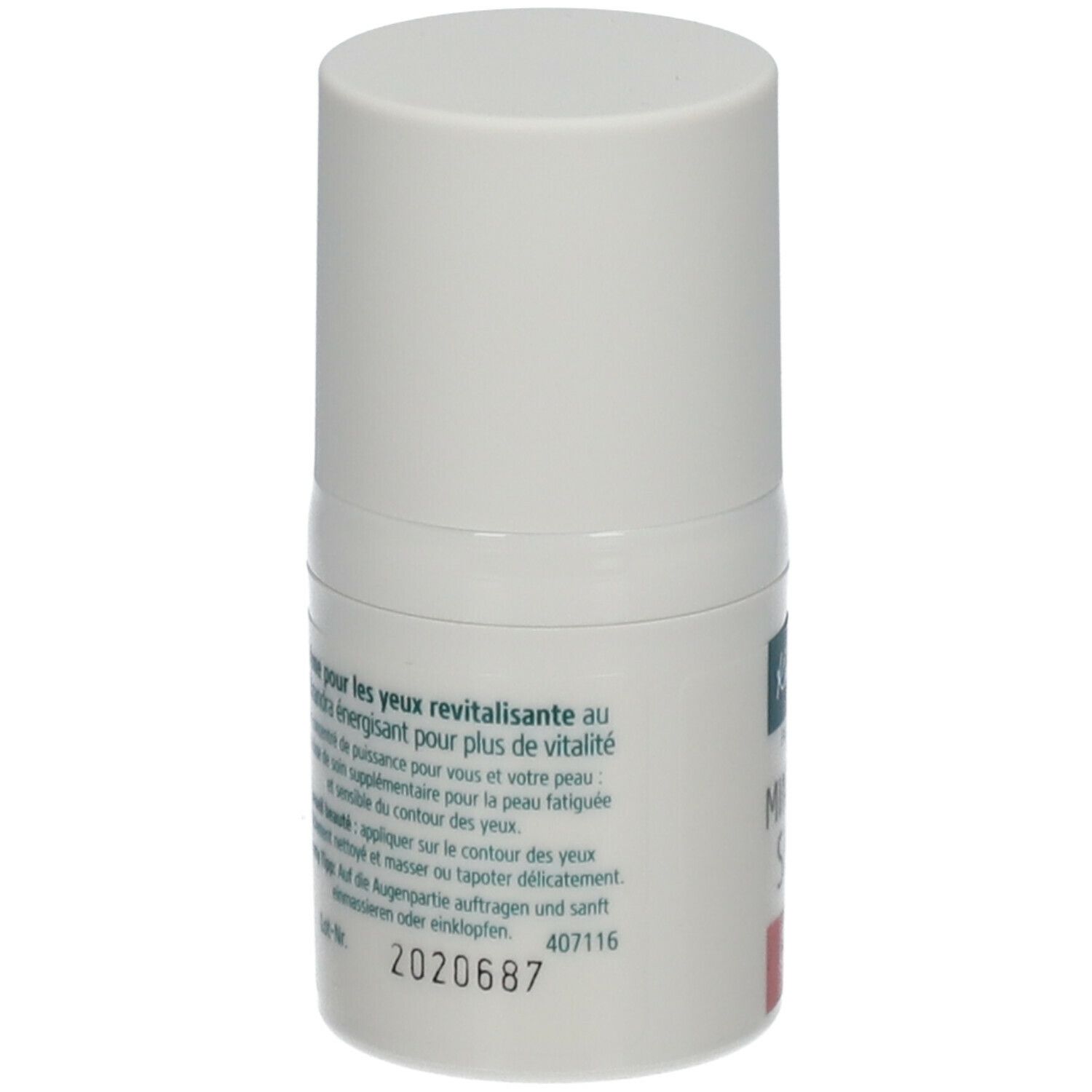 Achterkant Kneipp Mindful Skin oogcrème. Meertalige tekst. Witte tube met dop. Lotnummer 2020687.