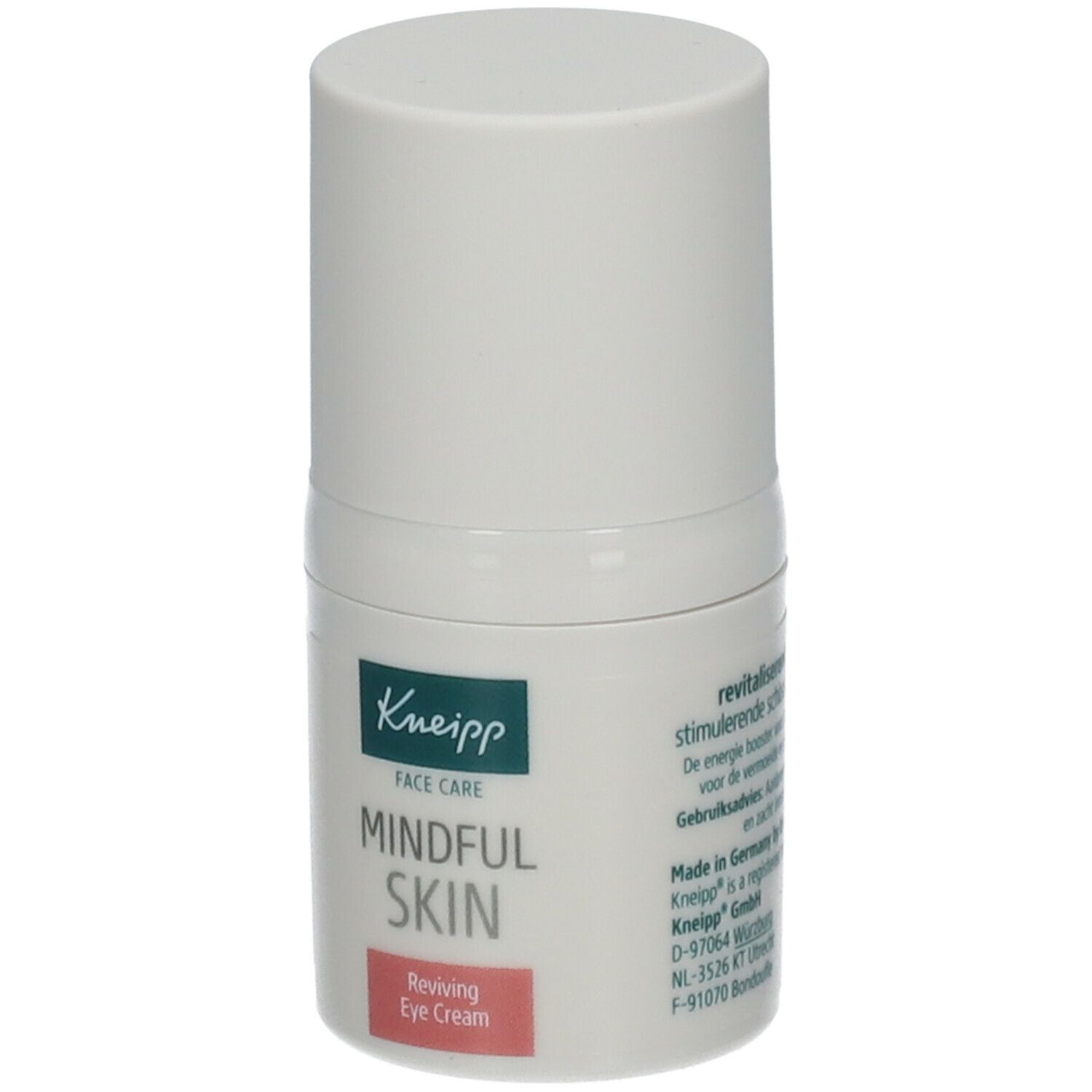 Witte tube Kneipp Mindful Skin. Opschrift: Mindful Skin, Reviving Eye Cream. Groen Kneipp logo. Witte dop.