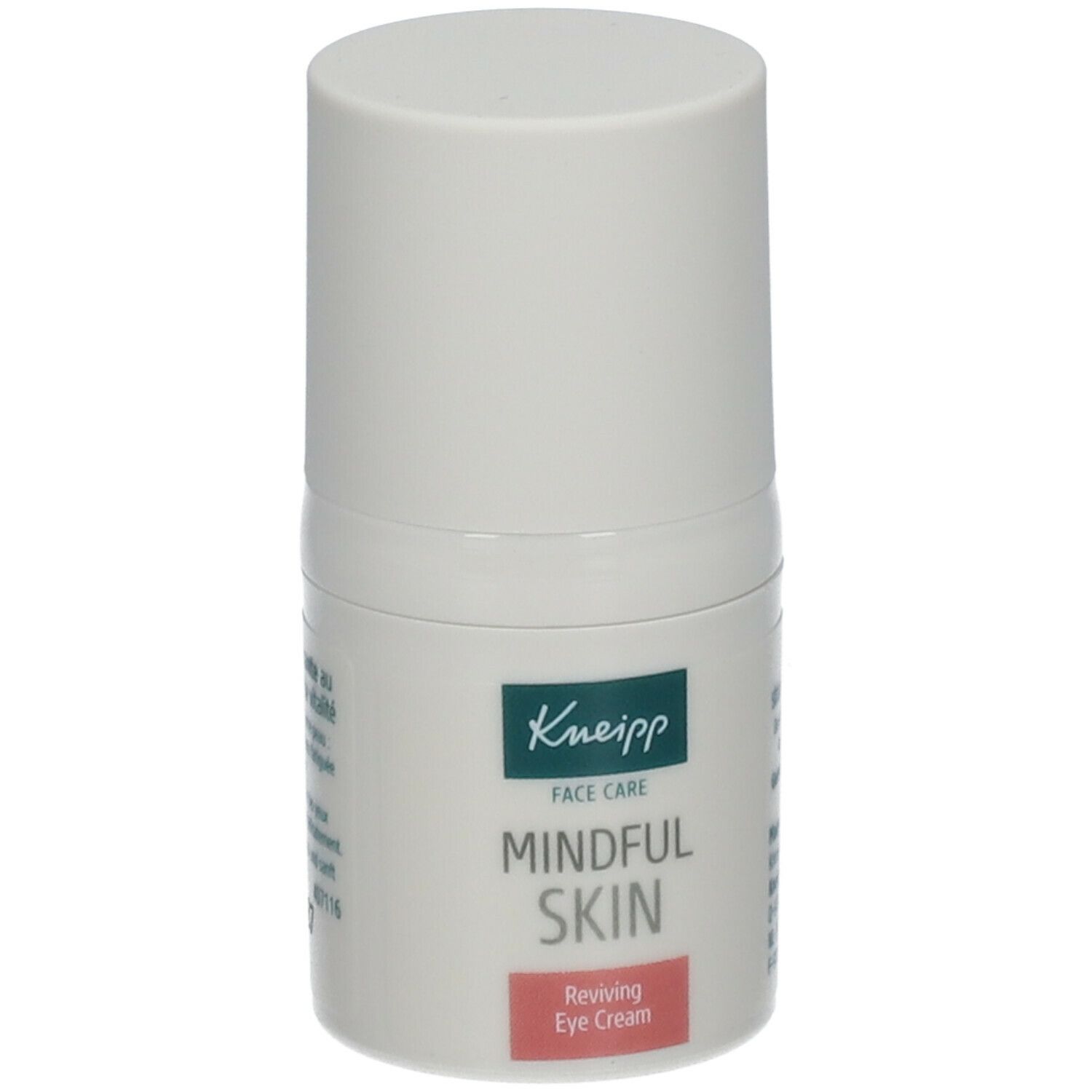 Witte tube Kneipp Mindful Skin. Opschrift: Mindful Skin, Reviving Eye Cream. Groen Kneipp logo. Witte dop.