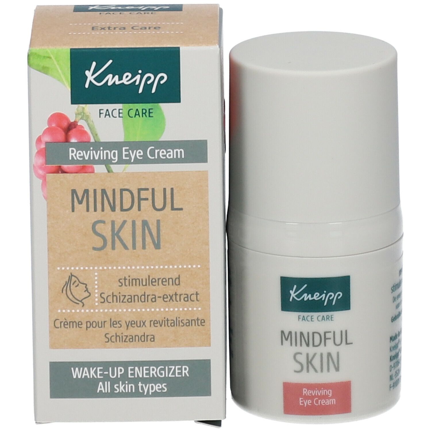 Kneipp Mindful Skin oogcrème en verpakking. Witte tube met dop. Opschrift: Mindful Skin. Groen Kneipp logo.