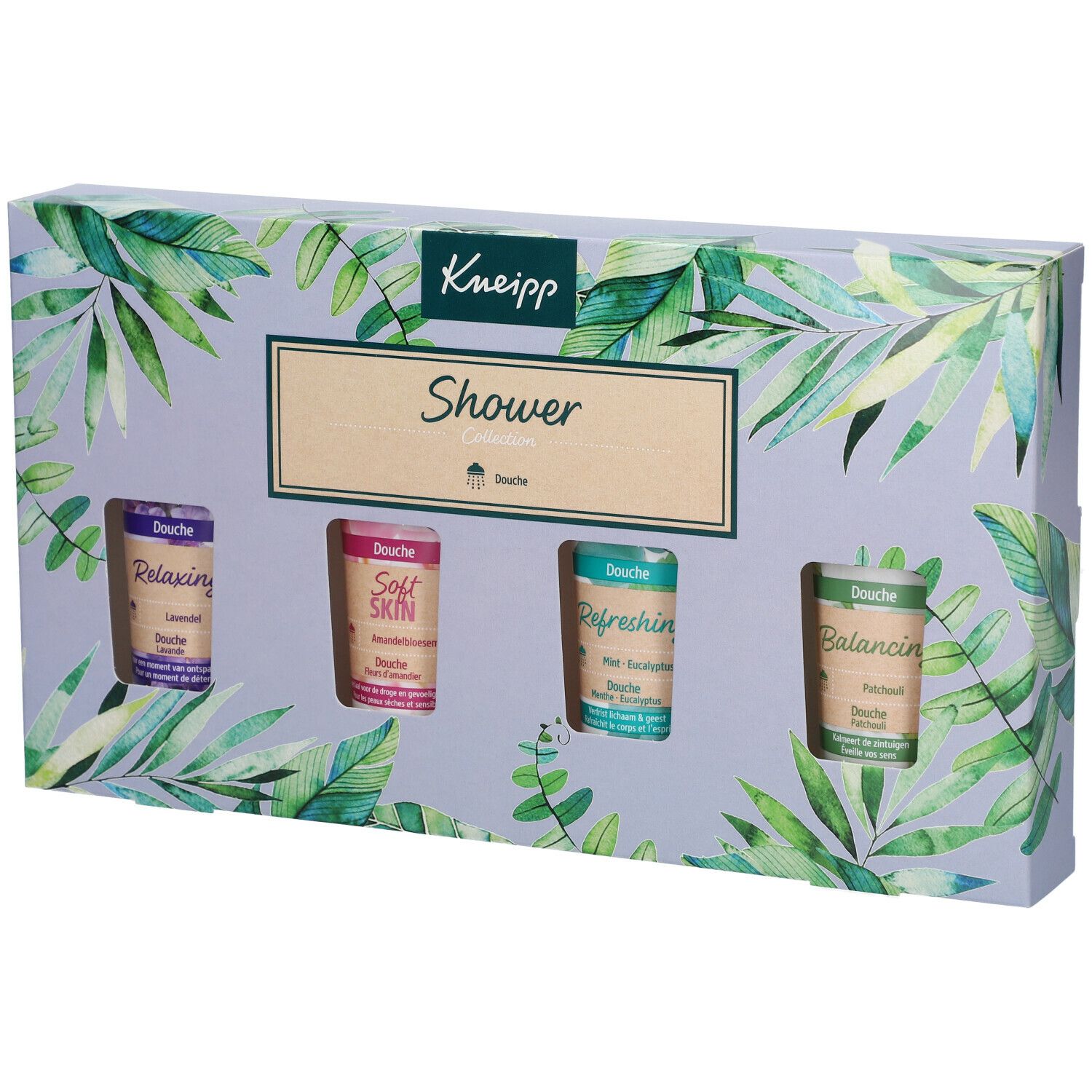 Collection de douche Kneipp. Coffret avec quatre tubes de gel douche. Emballage avec motif floral. Marque et nom du produit visibles.