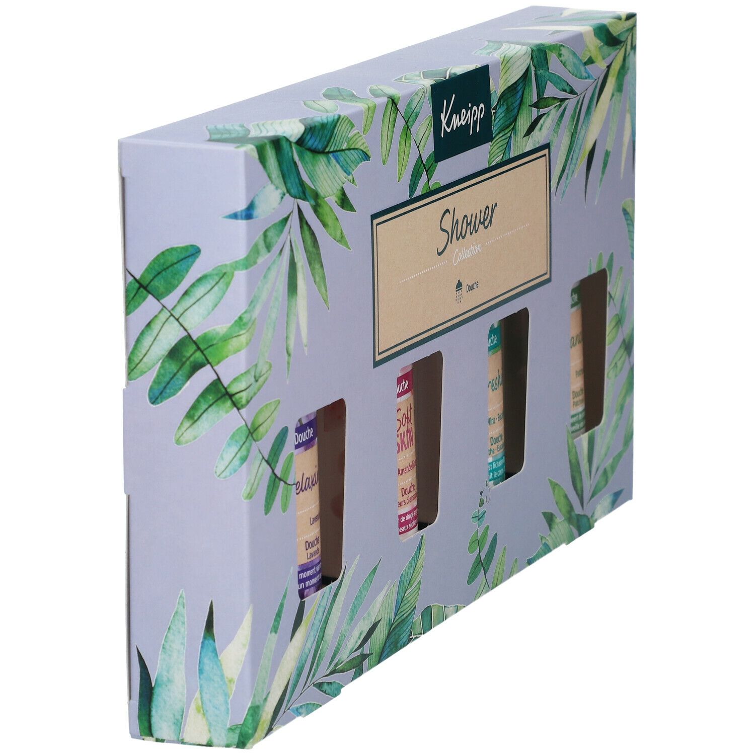 Collection de douche Kneipp. Vue en biais de l'emballage. Carton imprimé floral. Quatre tubes de gel douche sont visibles.