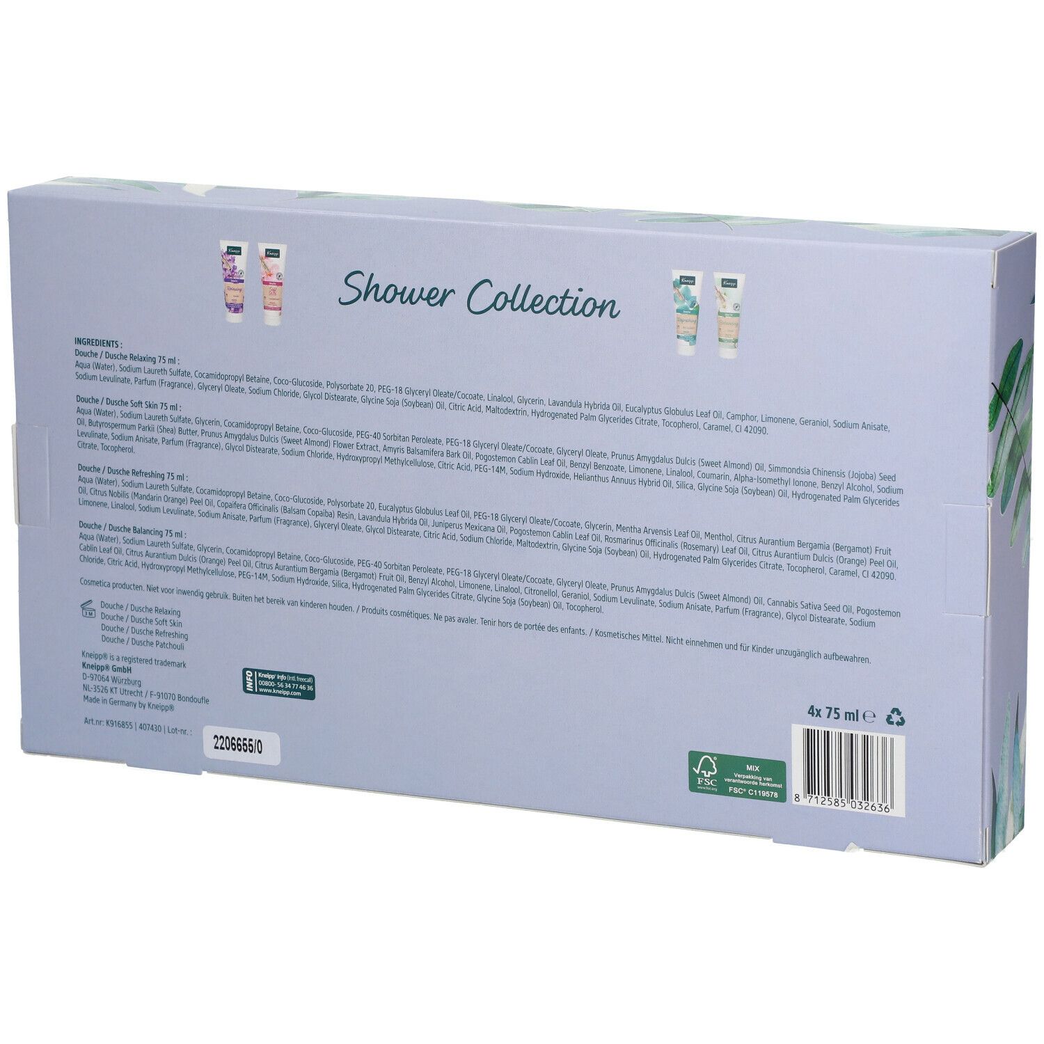 Dos de la Collection de douche Kneipp. Texte avec ingrédients et informations. Logo FSC et code-barres.