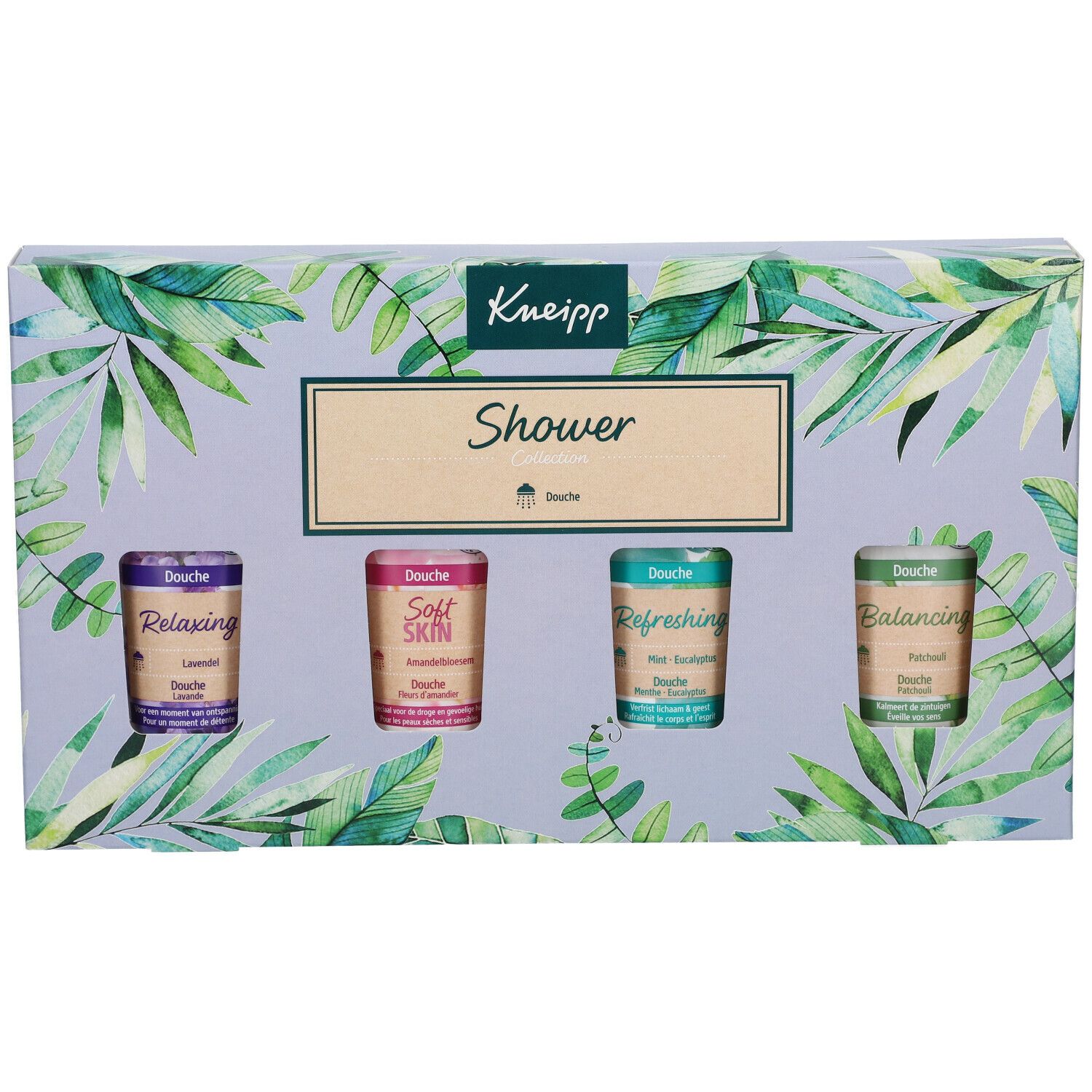 Collection de douche Kneipp. Coffret avec quatre tubes de gel douche. Emballage avec motif floral. Marque et nom du produit visibles.