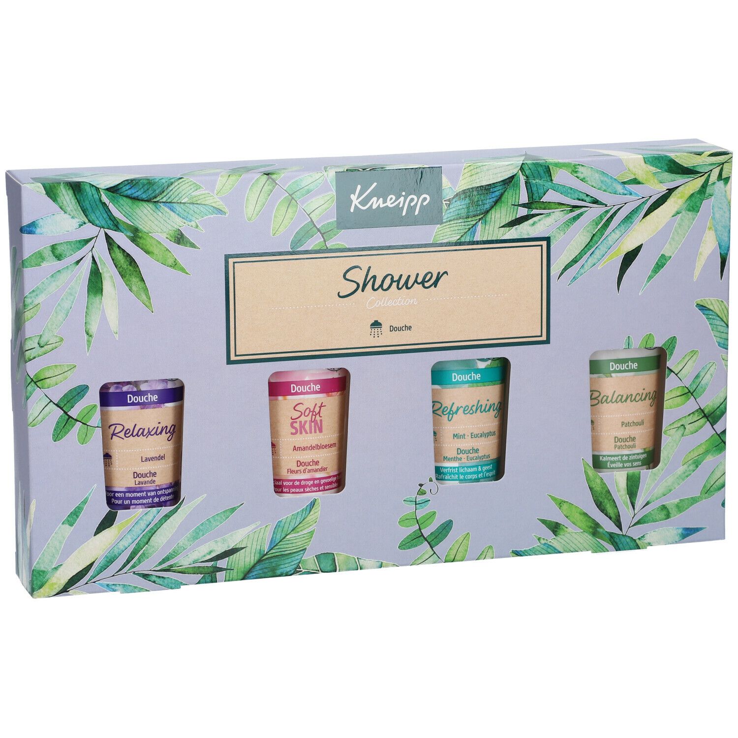 Collection de douche Kneipp. Coffret avec quatre tubes de gel douche. Emballage avec motif floral. Marque et nom du produit visibles.