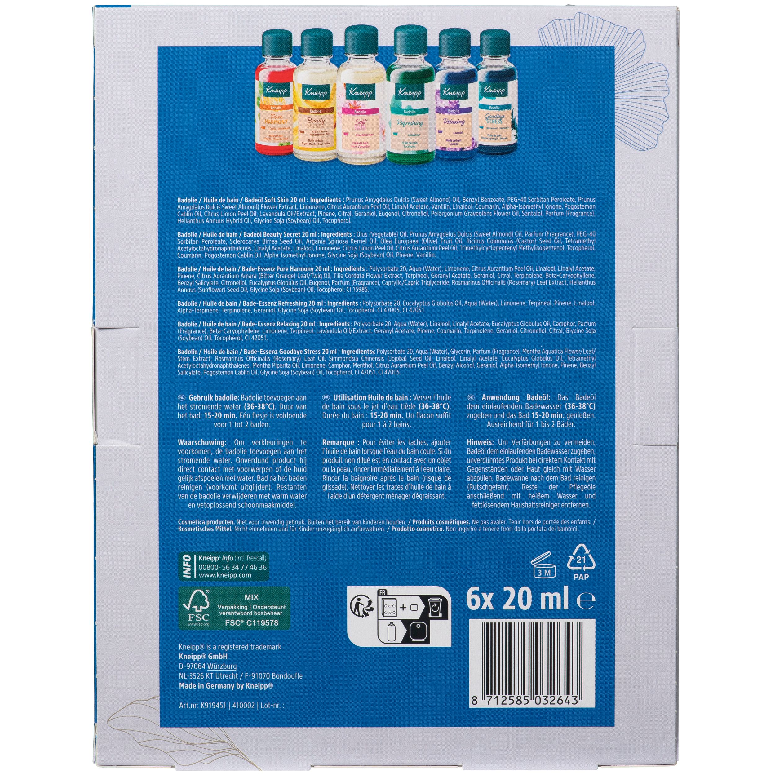 Achterkant van de Kneipp Bath Oil Favorites. Tekst en productinformatie op de verpakking.