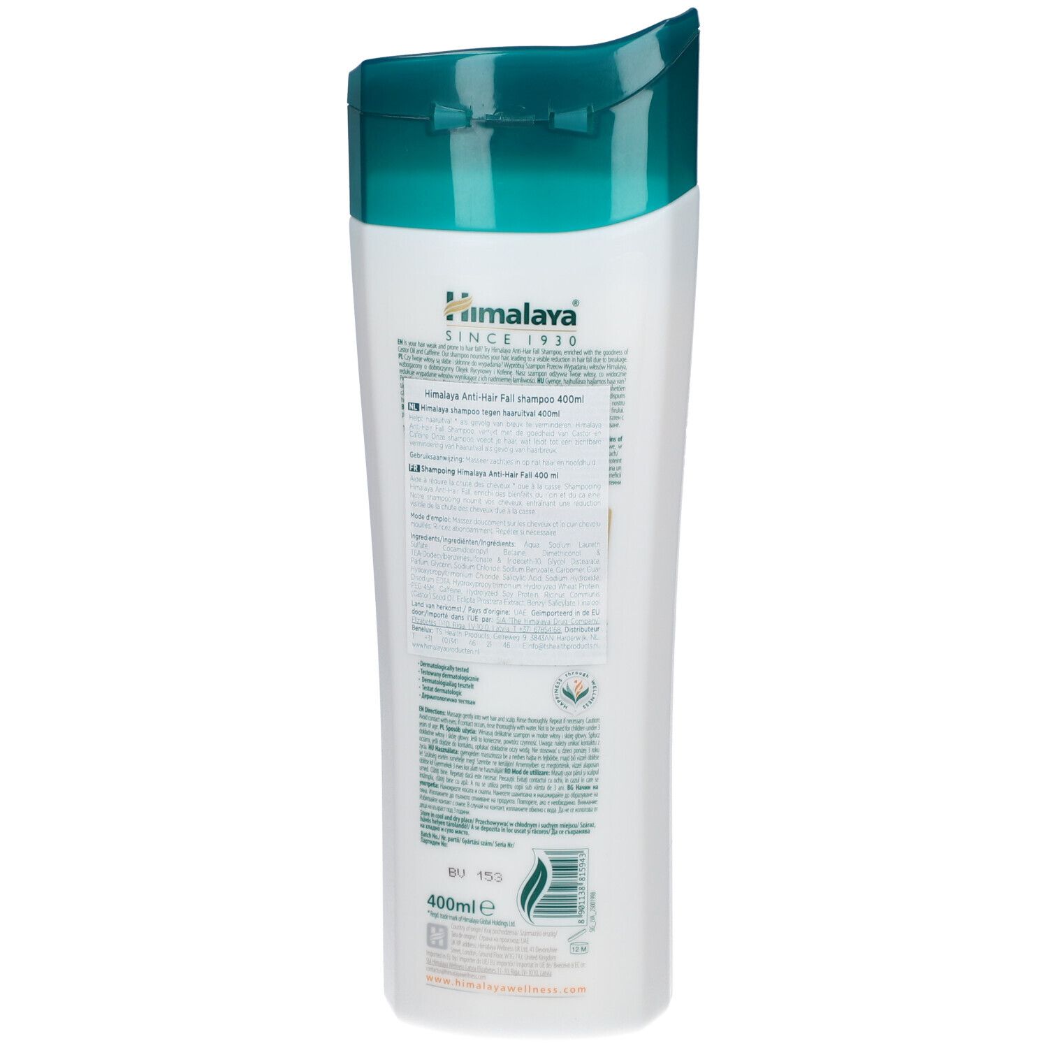 Achterkant van de shampoo fles. Wit, met groene dop. Tekst in meerdere talen. 400ml.