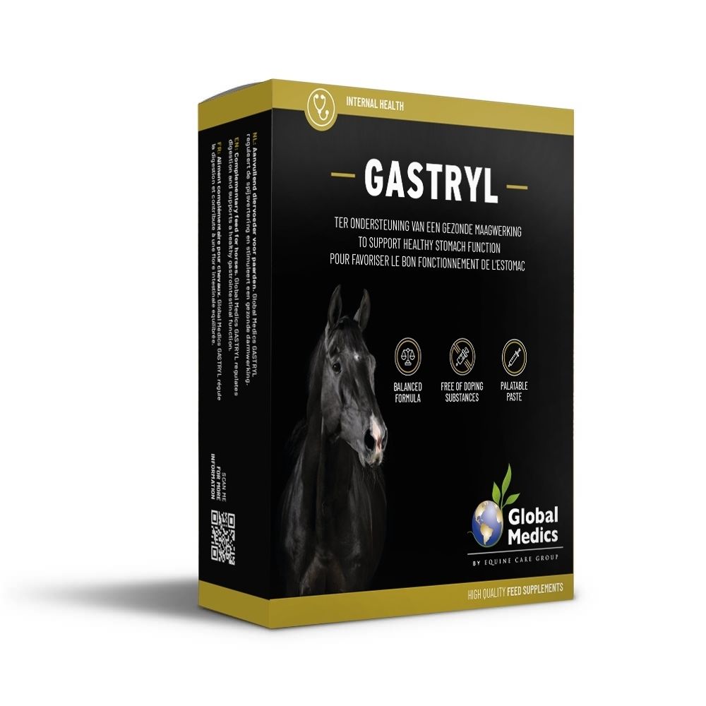 Gastryl paardenvoedingssupplement: voorkant van de kartonnen verpakking met productnaam, paardenkop en iconen.