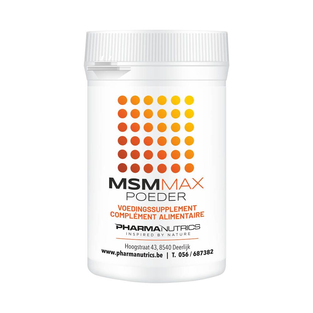 Pot blanc avec points orange. Inscription: MSM Max Poeder, PharmaNutrics. Complément alimentaire.