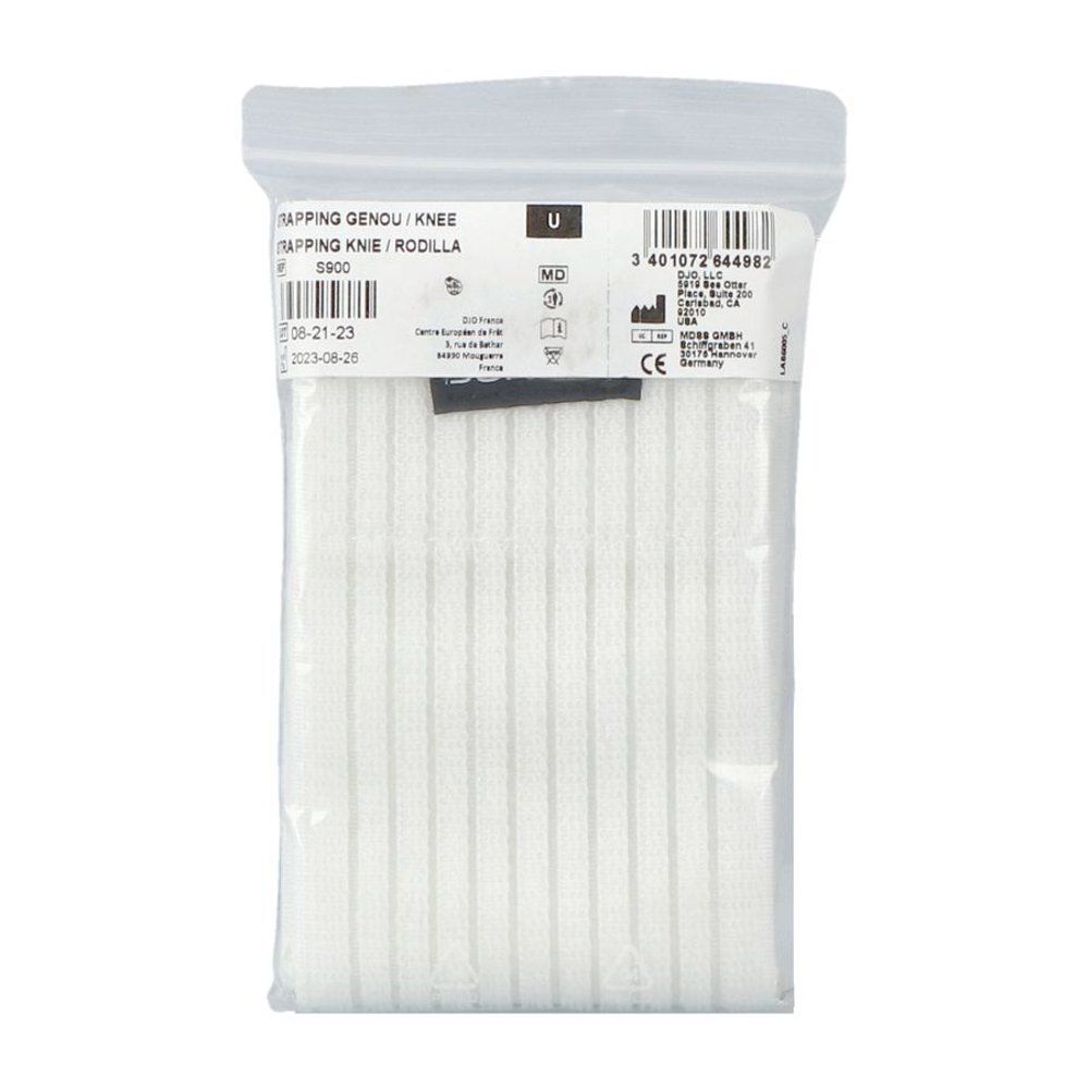 Transparante verpakking met witte bandages. Opschrift: Tapping Genou / Knee. CE-markering.