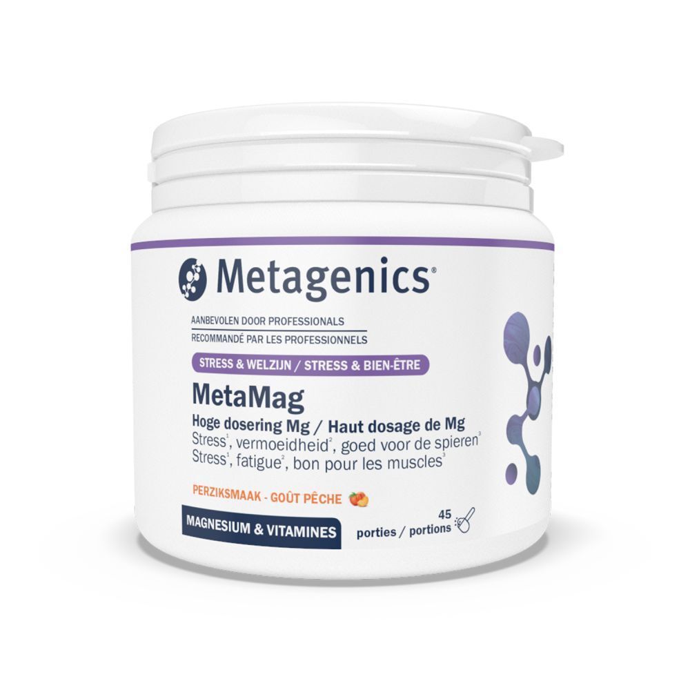 Witte pot MetaMag, 45 porties, perzik smaak. Bevat magnesium en vitamines. Merk: Metagenics.