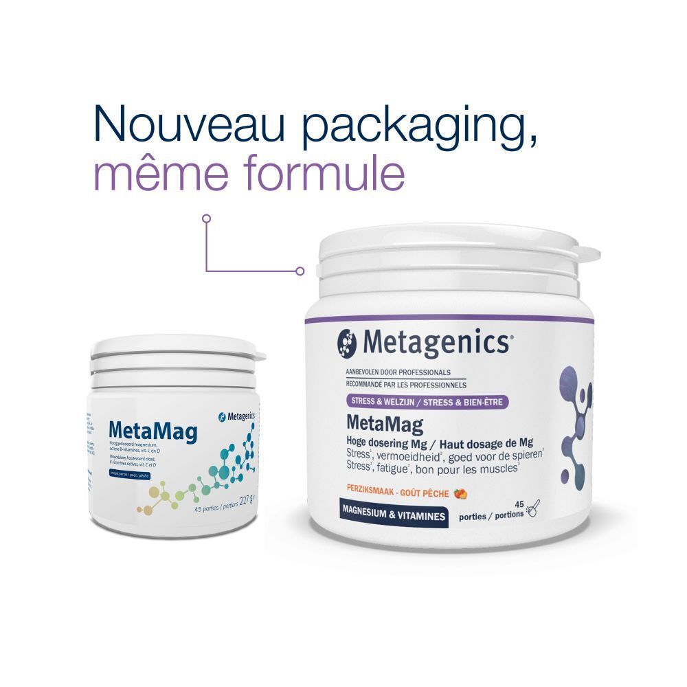 Deux pots blancs MetaMag. Le plus grand a une étiquette avec des informations sur le produit.