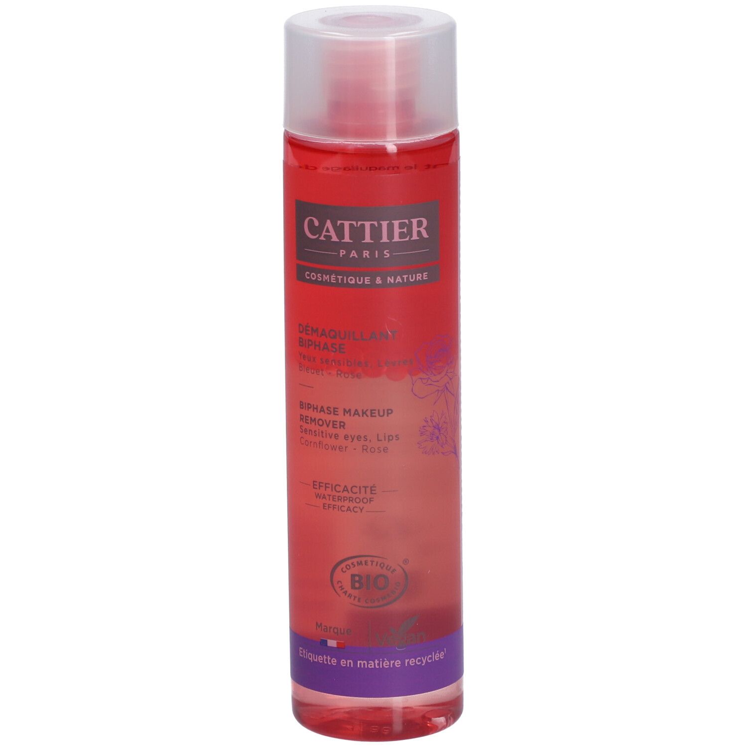 Cattier Biphase Make-up Remover in een doorzichtige fles met rode vloeistof en paars etiket.